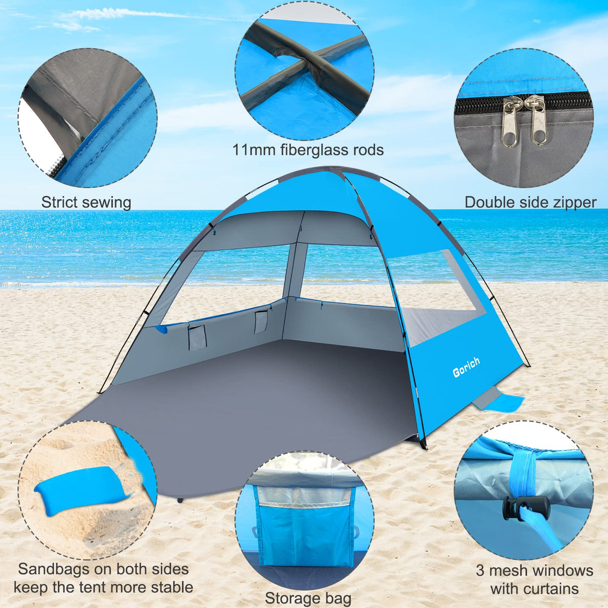 Gorich Beach Tent Sun Shelter for 3/4/6/8/10 Person with UPF 50＋ UV Protection, Lightweight & Easy Setup Beach Shade Canopy, Portable Beach Shade Tent Beach Cabana