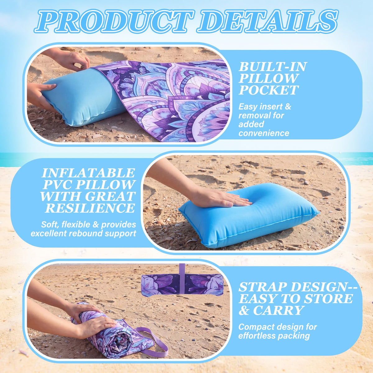 Lumina Garden 2 in 1 Microfiber Beach Towel with Round Inflatable Pillow 71'' x 32'' Mandala Lounge Chair Towel Oversized Quick Dry Blanket with Straps Pillowcases for Seaside Pool Camping