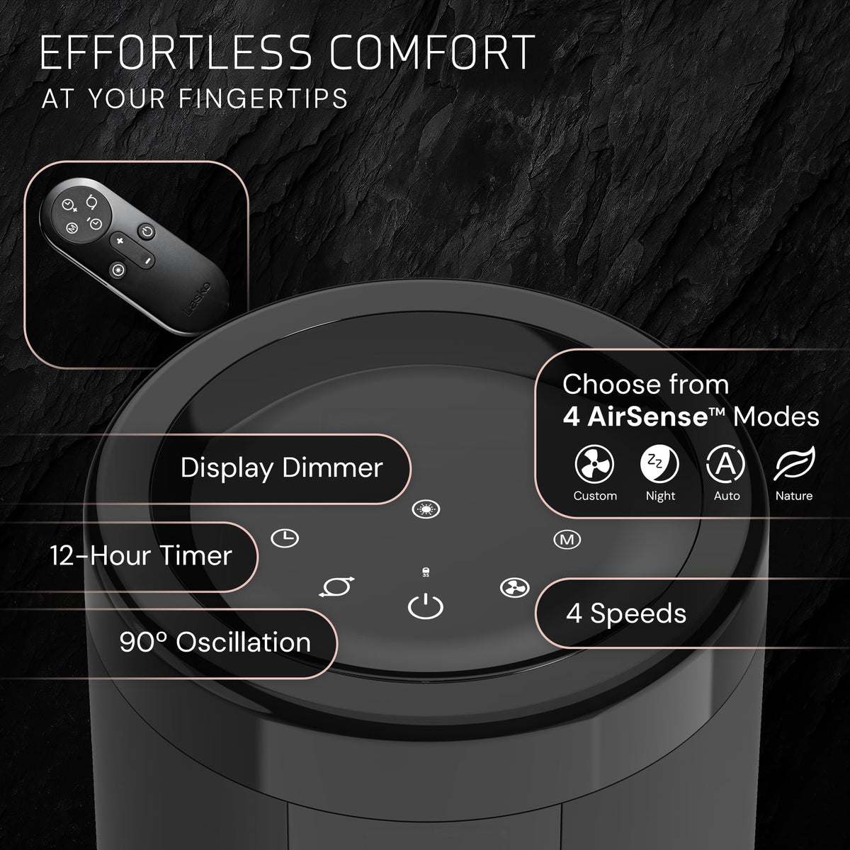 Lasko Elevation Tower Fan for Bedroom, Office, and Living Room - 42”-54” Adjustable Height Cooling with 31 ft/s Airflow and 90° Oscillation- Quiet 28 dB Operation - Remote Control - Black