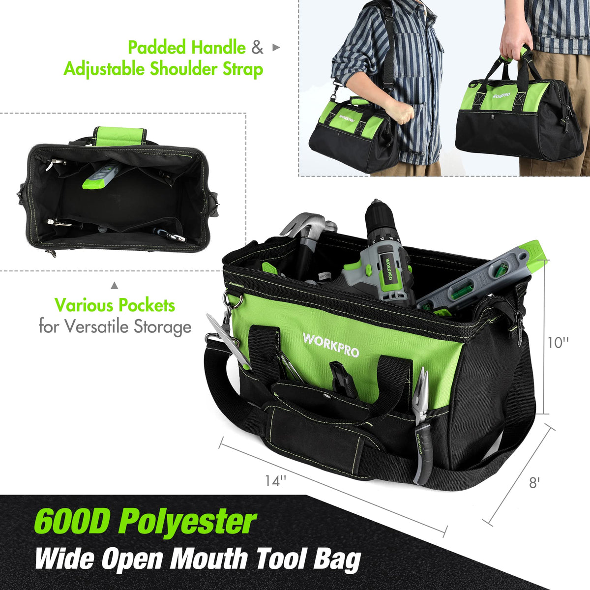 WORKPRO Home Tool Set with 20V Cordless Lithium-Ion Drill Driver, Household Repairing Tool Kit with Drill, 157PCS Power Drill Sets, 14-Inch Wide Mouth Storage Tool Bag, Green