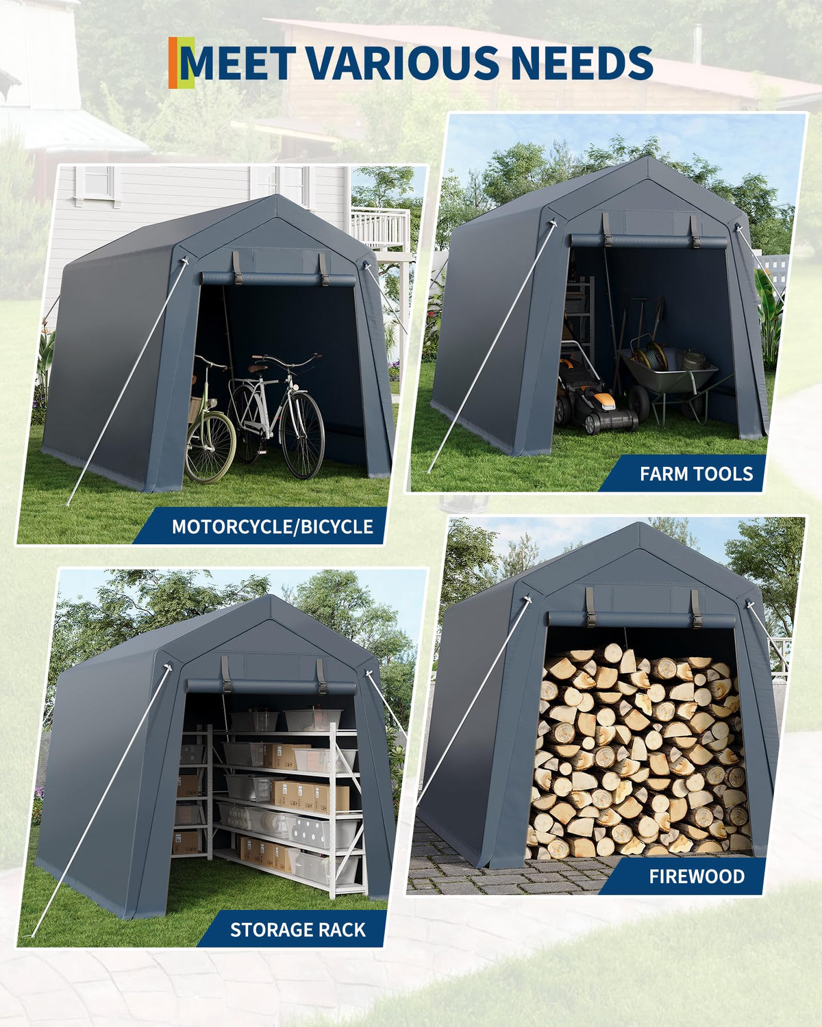 6x6 Ft Carport Heavy Duty Tent with Roll-Up Windows, Portable Garage with Removable Sidewalls & Doors, Car Canopy All-Season Tarp for Car Boat Truck Motorcycle, Grey
