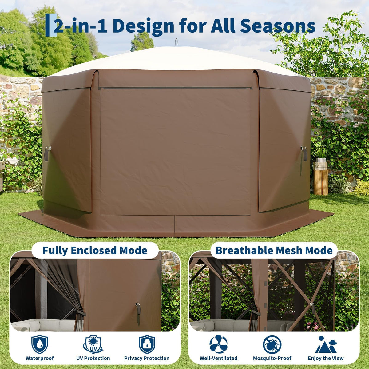 11.5x11.5FT Pop Up Canopy Tent, One-Push Setup Patio Gazebo with Removable Top & Wind Cloths, 6-Sided Outdoor Shelter for Camping, Backyard Parties, Events