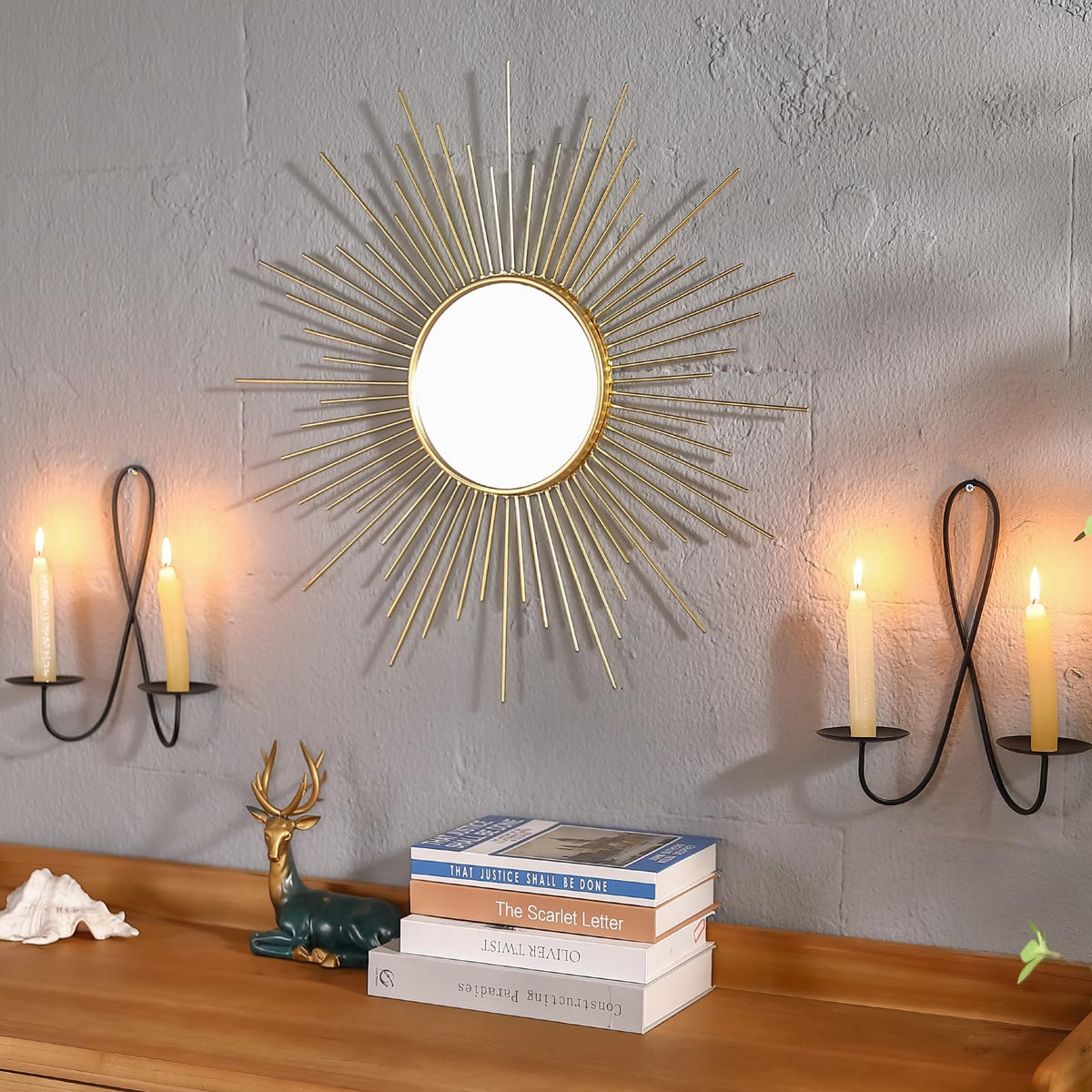 24'' Large Gold Sunburst Mirror, Metal Starburst Mirrors, Mid-Century Modern Sun Mirror Wall Decor for Living Room, Bedroom, Bathroom, Hallway, and Entryway