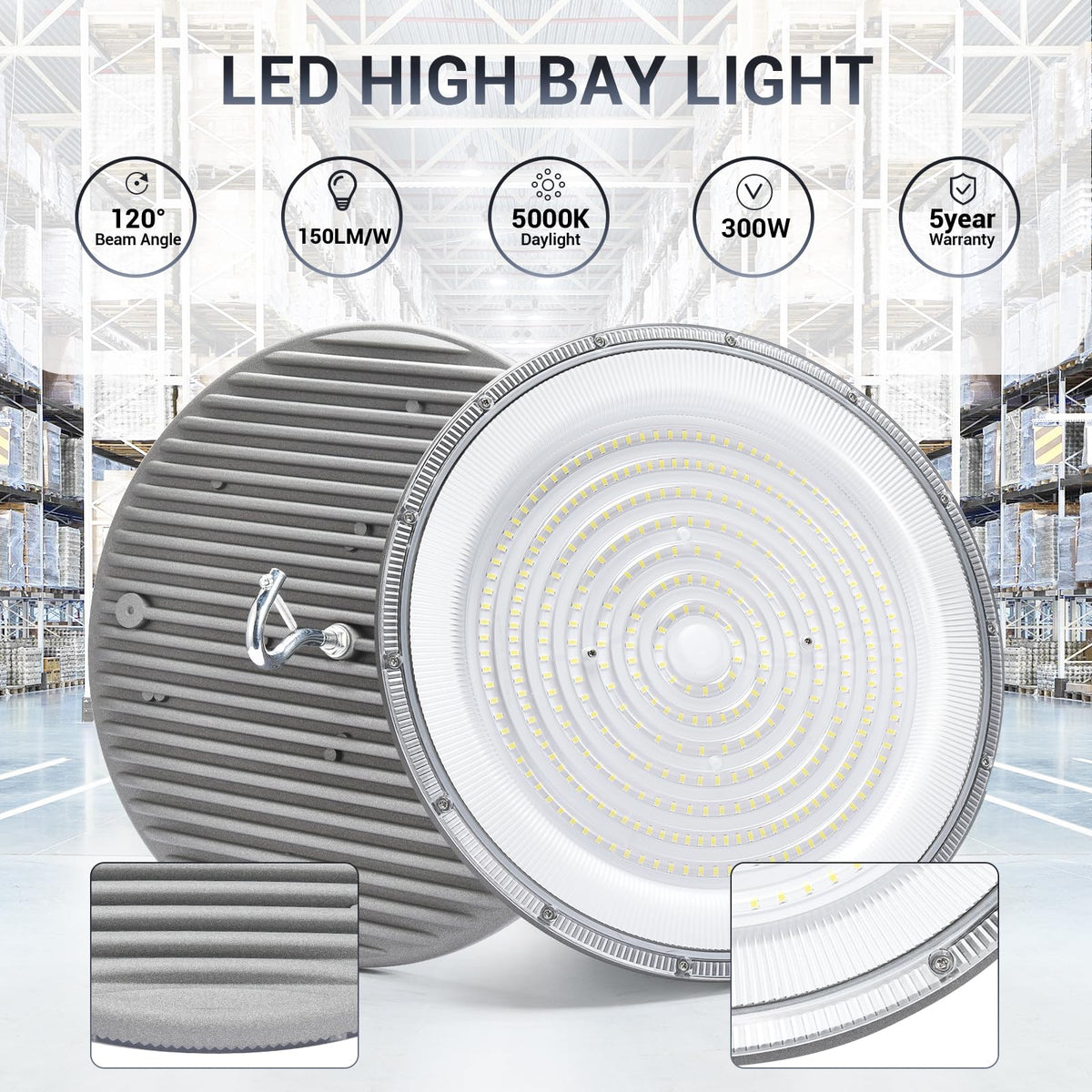 XYCN 15 Pack 300W UFO Led High Bay Light,120VAC,5000K Daylight Commercial Bay Lighting,IP66 Waterproof,45050LM,1300W MH/HPS with Plug Area Light for Warehouse/Shop/Workshop/Barn/Gym/Factory