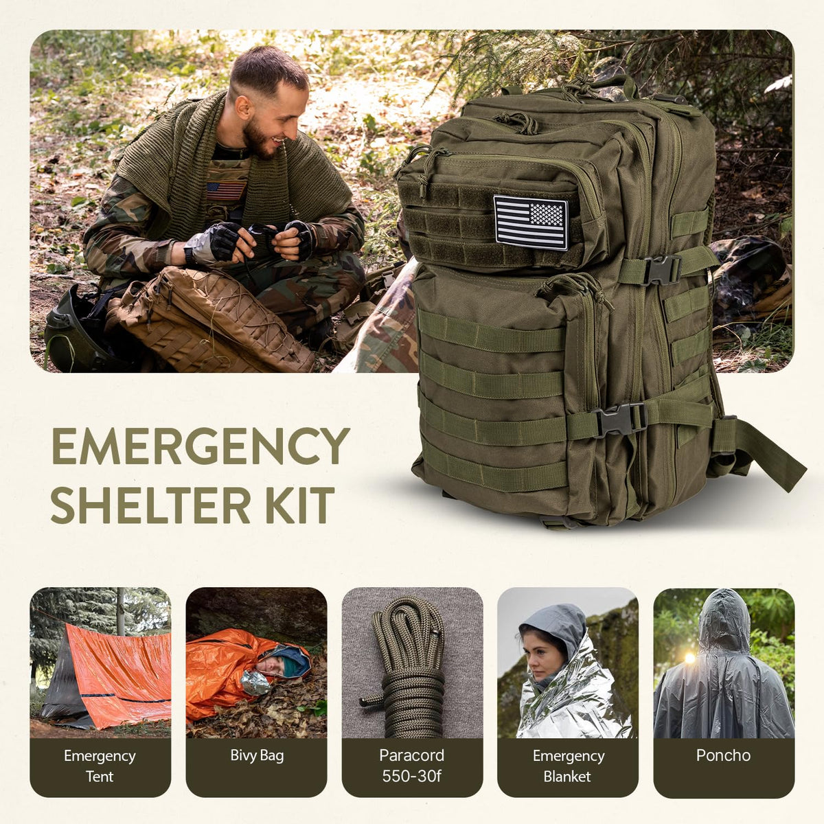 TacPreps 72 Hour Survival Kit, 45L Bug Out Bag with Emergency Food, Water Filter, First Aid Kit, Shelter and Survival Tools