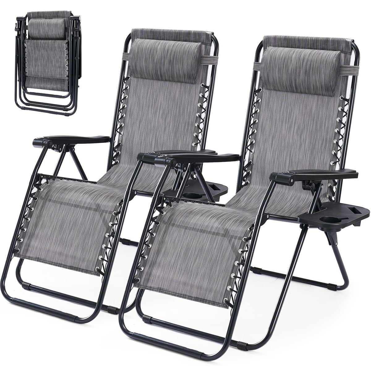 HAPPYMONT Zero Gravity Chair Set of 2, Adjustable Folding Reclining Lounge Chairs with Mesh Back, Adjustable Pillows & Cup Holder Trays, Outdoor Patio Lawn Chairs for Pool, Beach & Camping, Grey