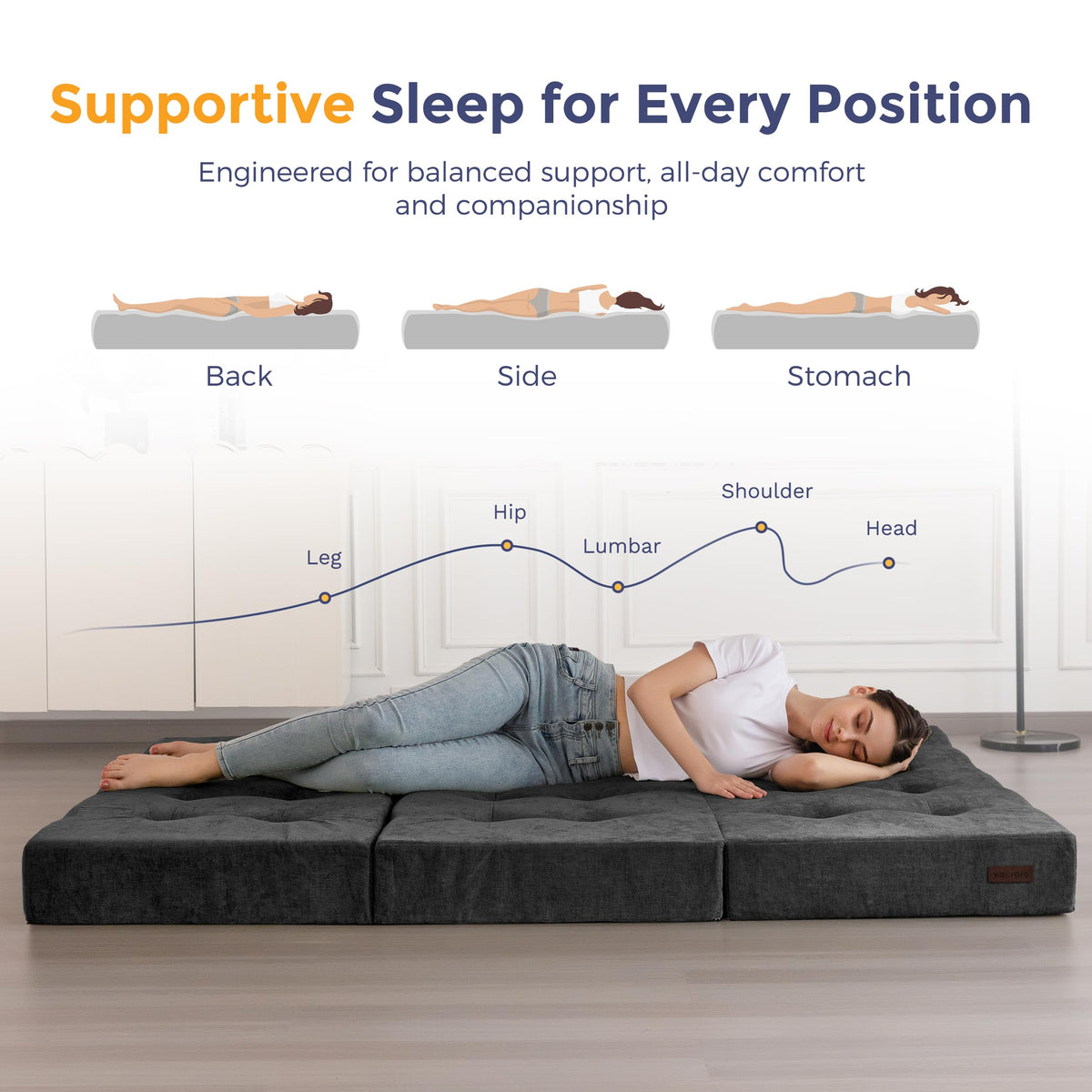 MAXYOYO 6" Folding Sofa Bed for Floor, Tufted Tri-Fold Floor Couch Bed with Chenille Fabric, Twin Size Portable Sofa Couch Guest Mat for Adults, Foldable Topper for Camping, Dark Grey, 35.4"x75"