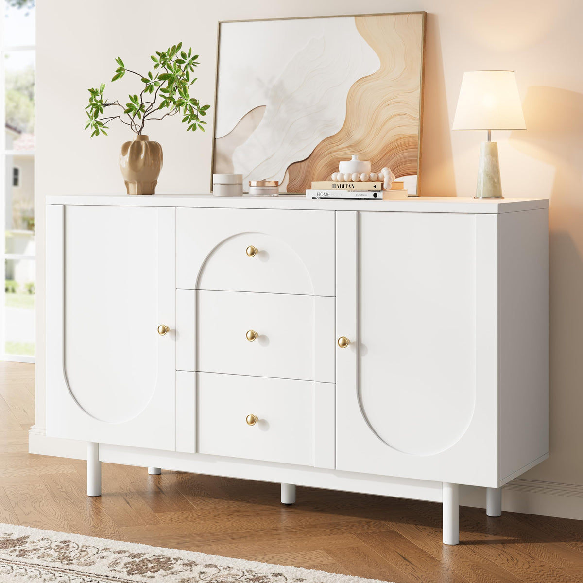 OneBlis Buffet Cabinet with Drawers, 54" Large Sideboard Buffet Storage Cabinet with Adjustable Shelves and Doors, Modern Coffee Bar Station Kitchen Table for Kitchen, Dining Room, White