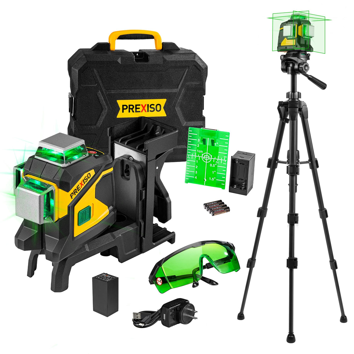PREXISO Laser Level 3 X 360° Self Leveling with 47 In. Tripod, IP54 Rechargeable 100Ft Green Lazer Leveler Tool for Construction, Home Renovation with Magnetic Base, Battery Adapter, Case, Accessories