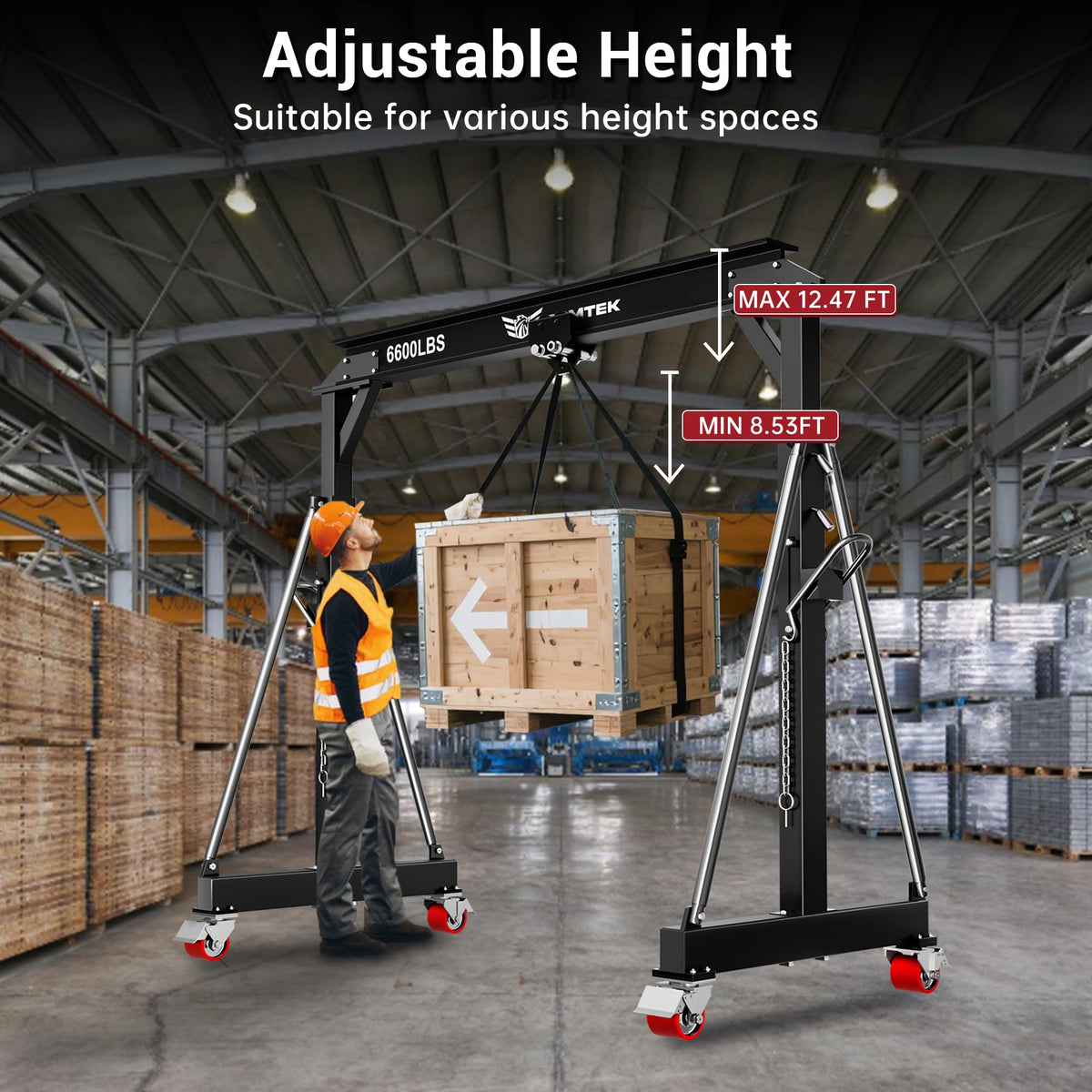 BSMTEK 3 Ton 6600LBS Gantry Crane, Upgraded Trolley, Adjustable Height (8.53-12.47 FT), Width (8.53 FT), Steel I-Beam Construction, Portable Shop Hoist for Factory, Warehouses, Repair