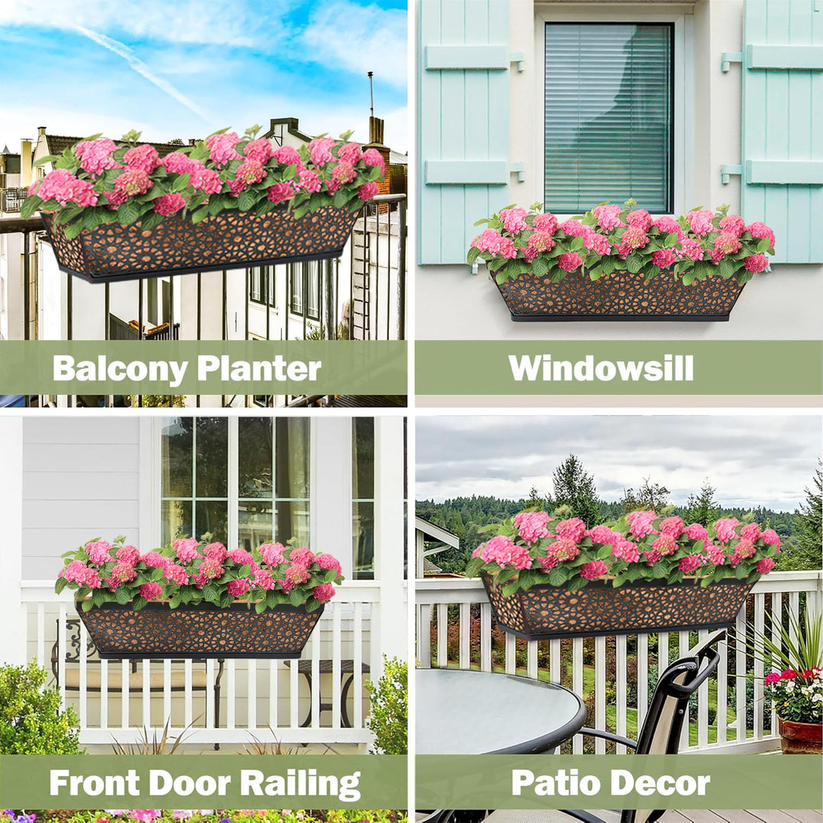 ZVOWOS Black Metal Railing Planter Window Box (2 Pack, 24 Inch) Horse Trough Planter with Coco Fiber Liner Deck Balcony Rail Planters for Porch Fence Patio Outdoor Garden Décor