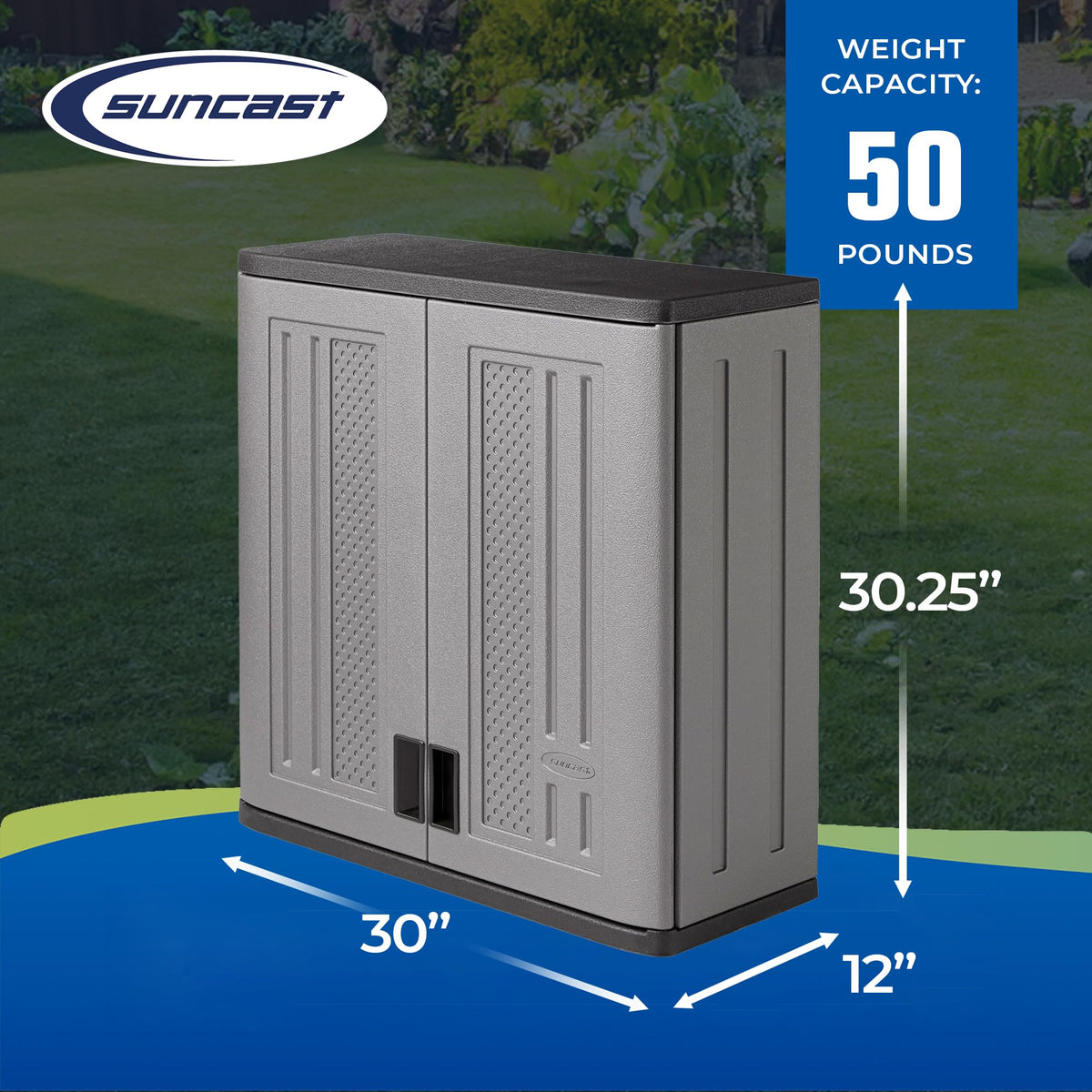 Suncast Wall Storage Cabinet for Garage Organization - 4 Cu. Ft. Wall Mounted Garage Cabinet with Shelf for Garden Supplies, Paint Cans & Outdoor Tools, Multi-Wall Resin Construction, Platinum