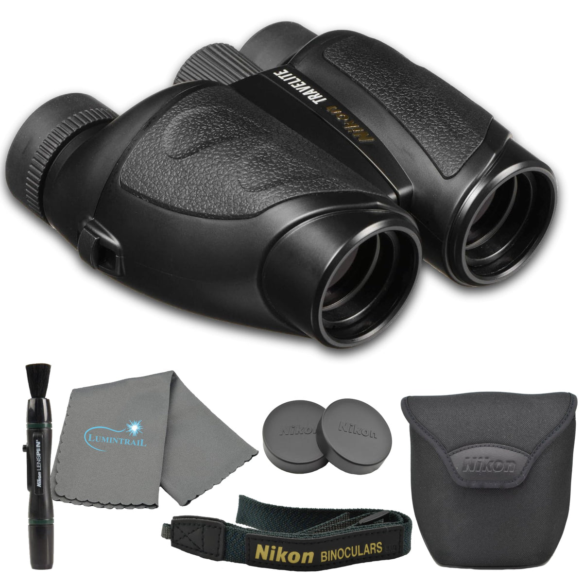 Nikon Travelite 12x25 Binoculars (7279) Travel Bundle - Black With Lens Pen, Carry Case, and Lens Cloth - High Powered Compact for Adults - Bird Watching, Hunting, Hiking