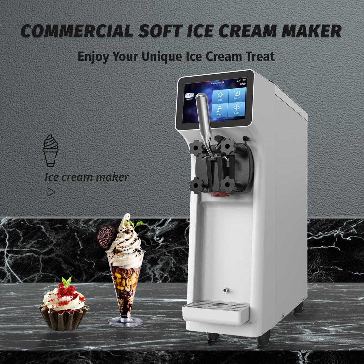 AnyDoor Commercial Ice Cream Maker Machine 1000W 2.7 to 4 Gal/H Single Flavor Soft Serve Ice Cream Machine Pre-cooling Auto Clean LCD Touch Screen Soft Serve Maker for Snack Bar Restaurants