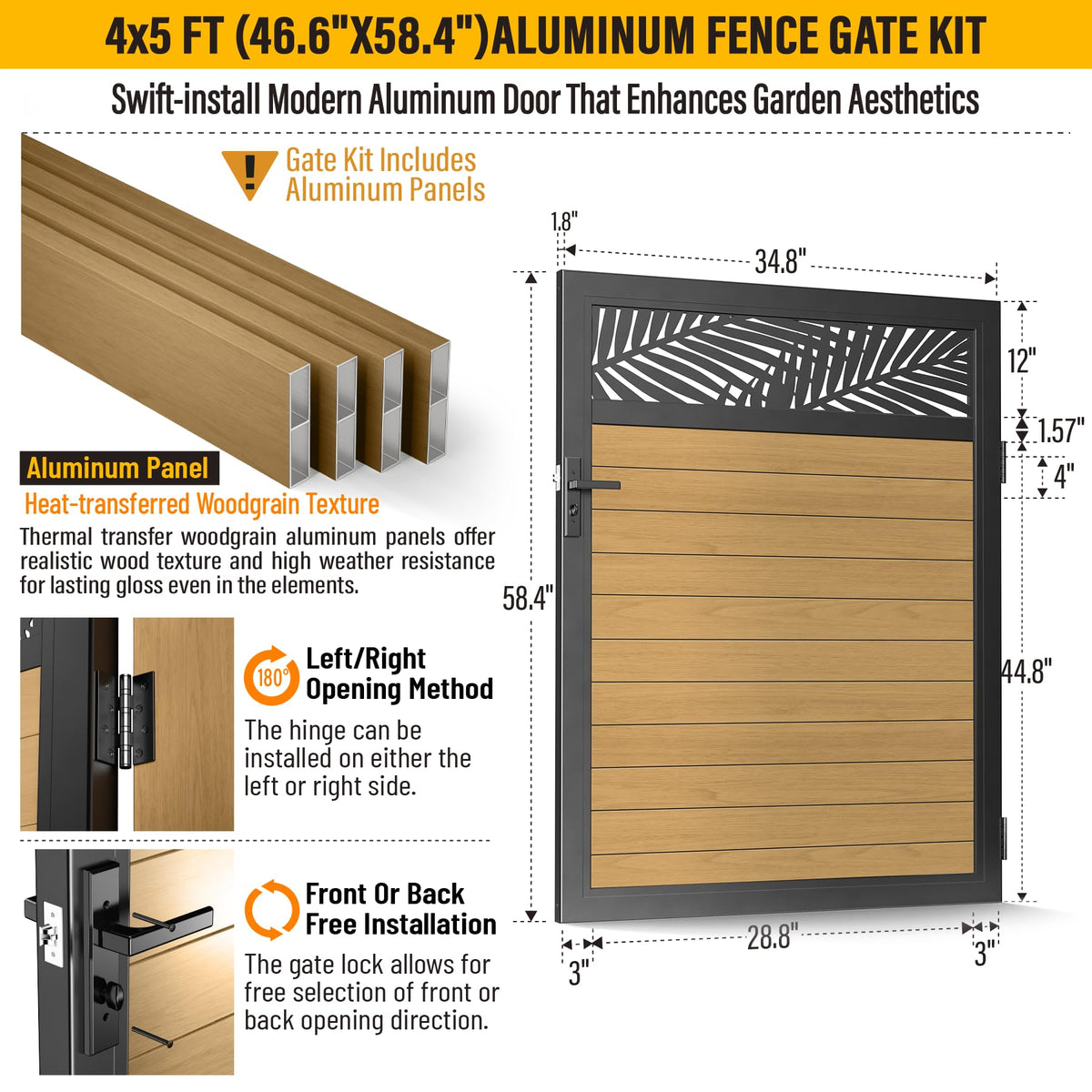 Brukid 4x5 FT Aluminum Fence Gate Kit Wood Grain Aluminum Gate with Decorative Cutout, Lock & Hinges, Left/Right Opening, Weather Resistant for Yard Garden Patio