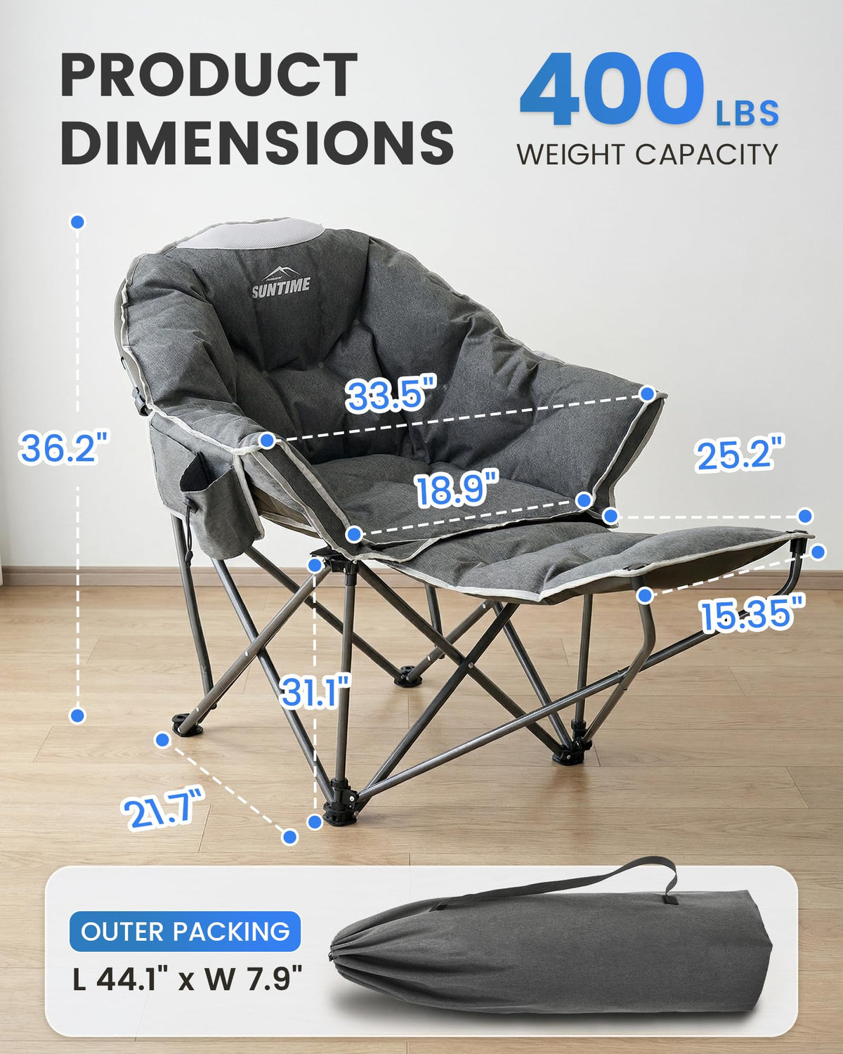 Upgrade Oversized Padded Comfy Camping Chair with Removable Leg Rest,Adjustable Cup Holder,Built-in Comfy Foam Armrest Supports,Heavy Duty Outdoor Round Folding Chair for Camping, Carry Bag, Gray