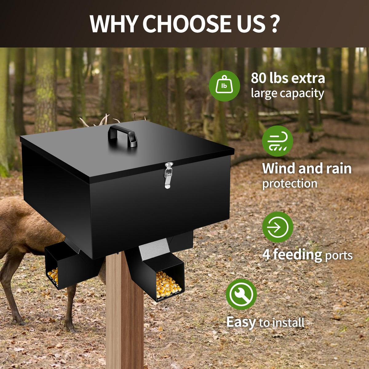 RYFT Portable 80LB Gravity Deer Feeder, Heavy Duty Galvanized Steel Wildlife Feeder with 4 Feeding Ports, Weatherproof Lockable Lid for Hunting, Backyard & Outdoor Game