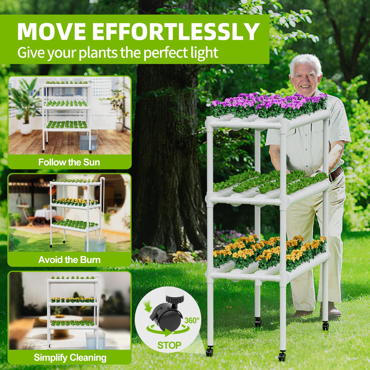 SPECILITE Hydroponics Growing System with Wheels, 3-Tier 108 Plant Sites Food-Grade PVC-U Pipes Gardening Kit for Leafy Vegetables, Lettuce, Herbs, with Water Pump, Indoor, Outdoor