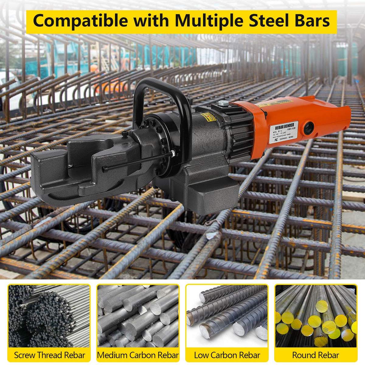 Electric Hydraulic Rebar Bender, 900W, 5/8 Inch #5 16mm Rebar Bender Tool, Hand Held Meatal Steel Copper Rod Bender Machine, Bending Angle 0-130 degree (900W 110V RB-16)