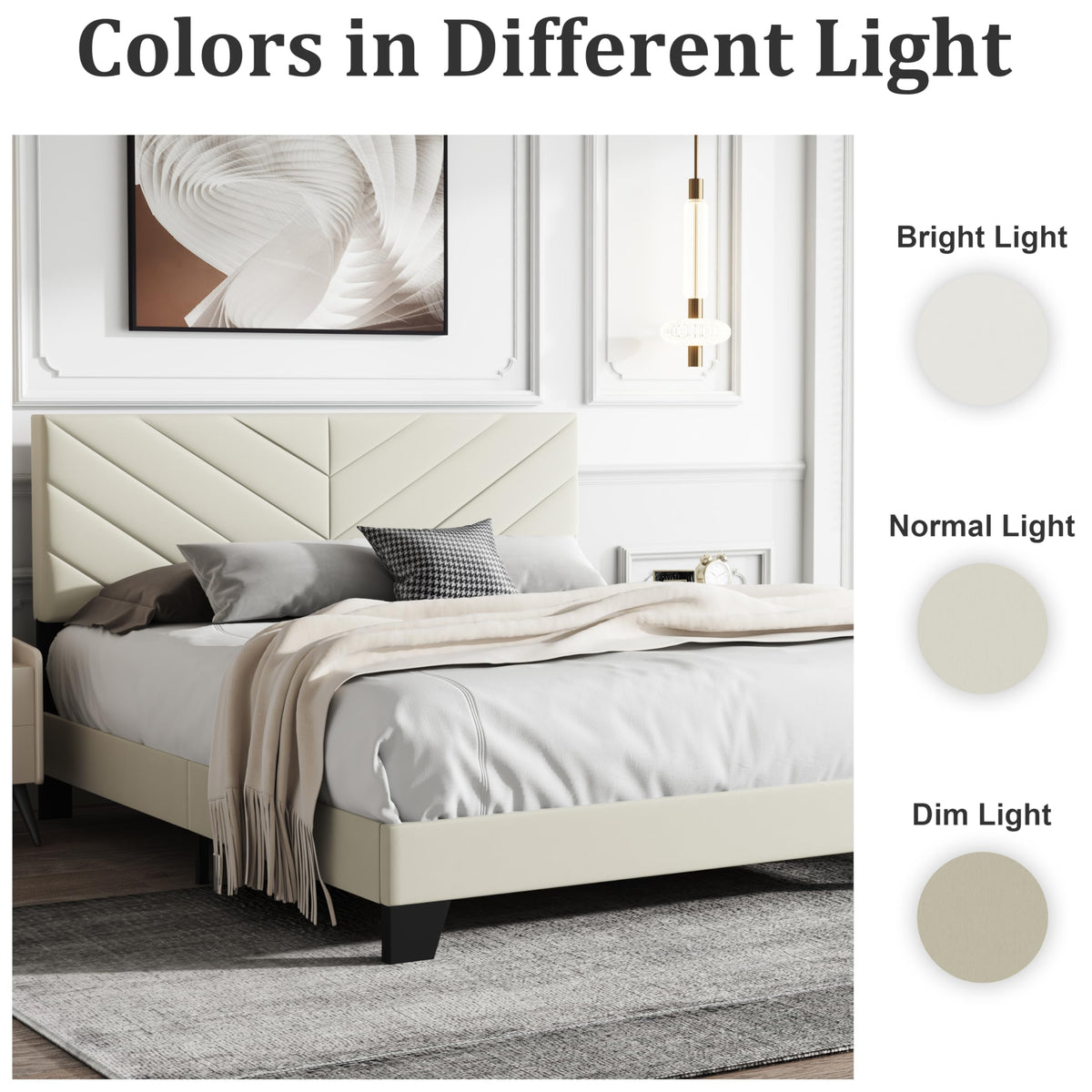 IOILORI Full Size Bed Frame Platform with Upholstered Headboard, Sturdy Wooden Slats, Noiseless, No Springs Required, Easy to Assemble Beige