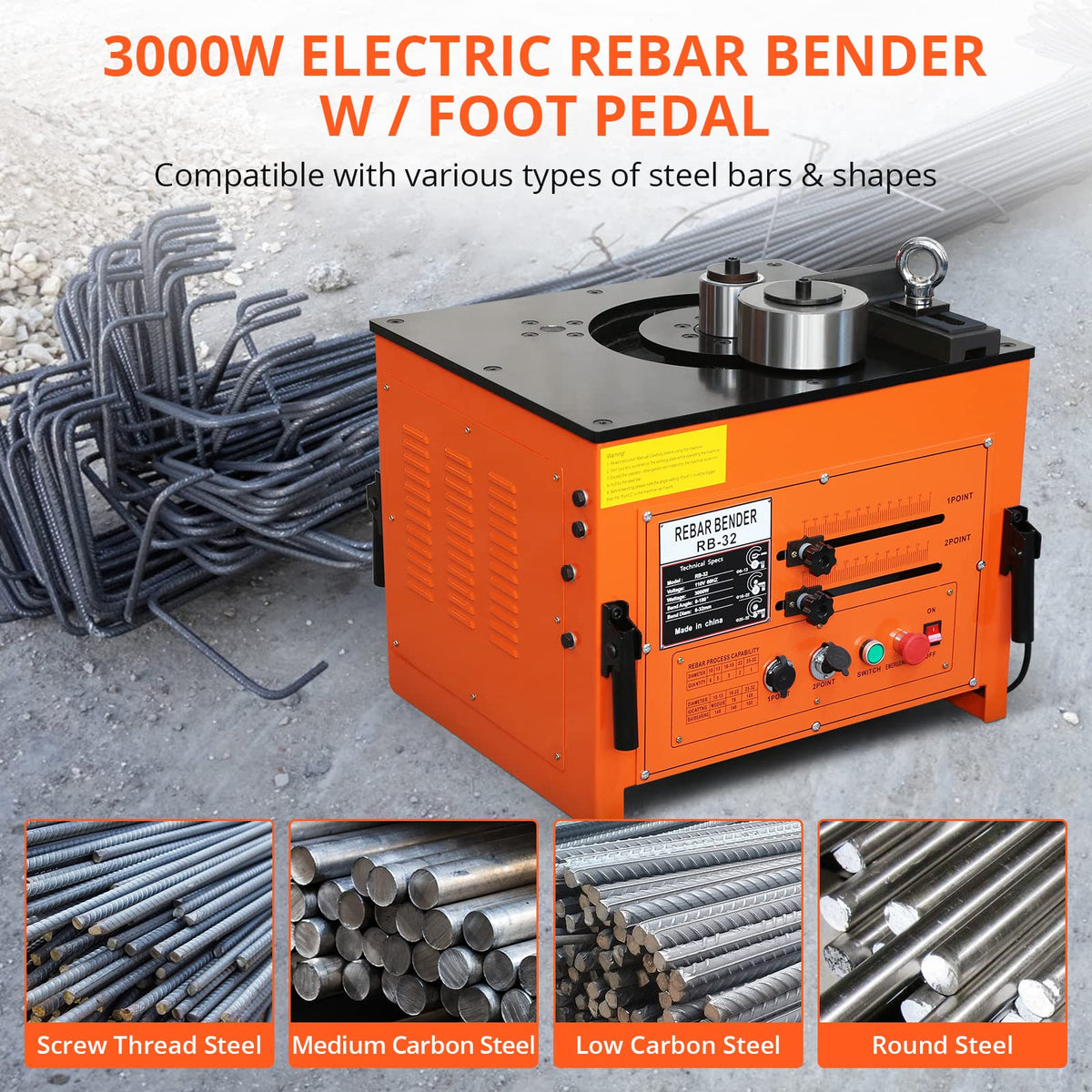 GarveeTech 3000W Electric Rebar Bender up to 1.3 in with Our Electric Bender - Achieve 0-180° Angles, Operate with Convenient Foot Pedal Switch, Powerful 3000W Motor