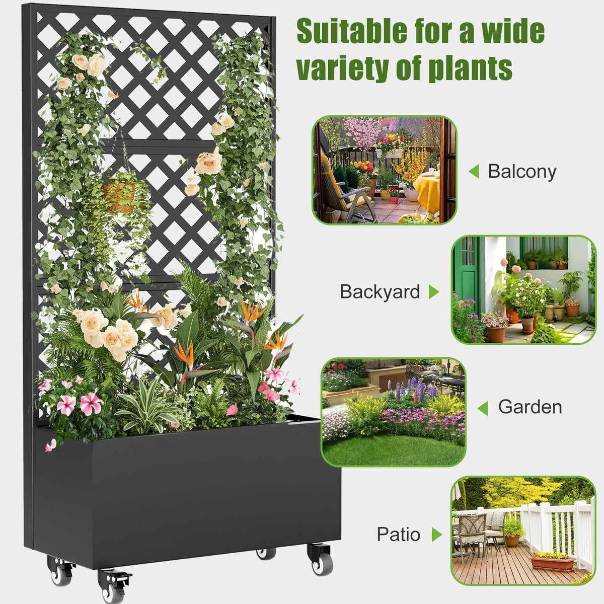 blusoke Metal Planter Box with Trellis and Wheels,Raised Garden Bed with Trellis,72" Tall Privacy Screen with Planter Box and Drainage Holes,Plant Trellis for Climbing Plants Outdoor,Vegetables,Vines