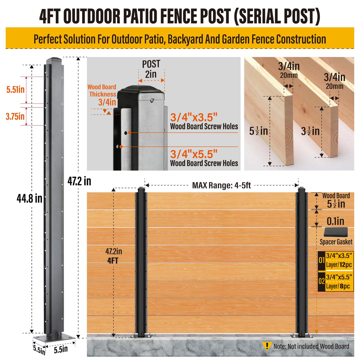Wowace 4ft (H/48in) Heavy Duty Fence Post - Serial Post for Outdoor Patio, Backyard and Garden Privacy Fence (2pack-Matte Black)