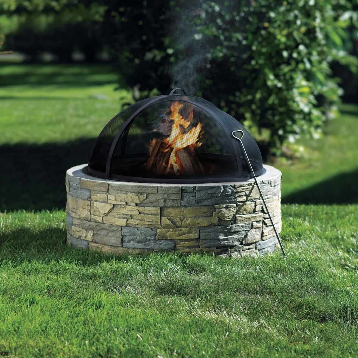 SUNCREAT Outdoor Fire Pit Spark Screen Cover Accessory, Patio Round Easy-Opening Fire Mesh Screen Guard, Heavy Duty Steel Fire Pit Ember Lid with Hinge, 40 Inch
