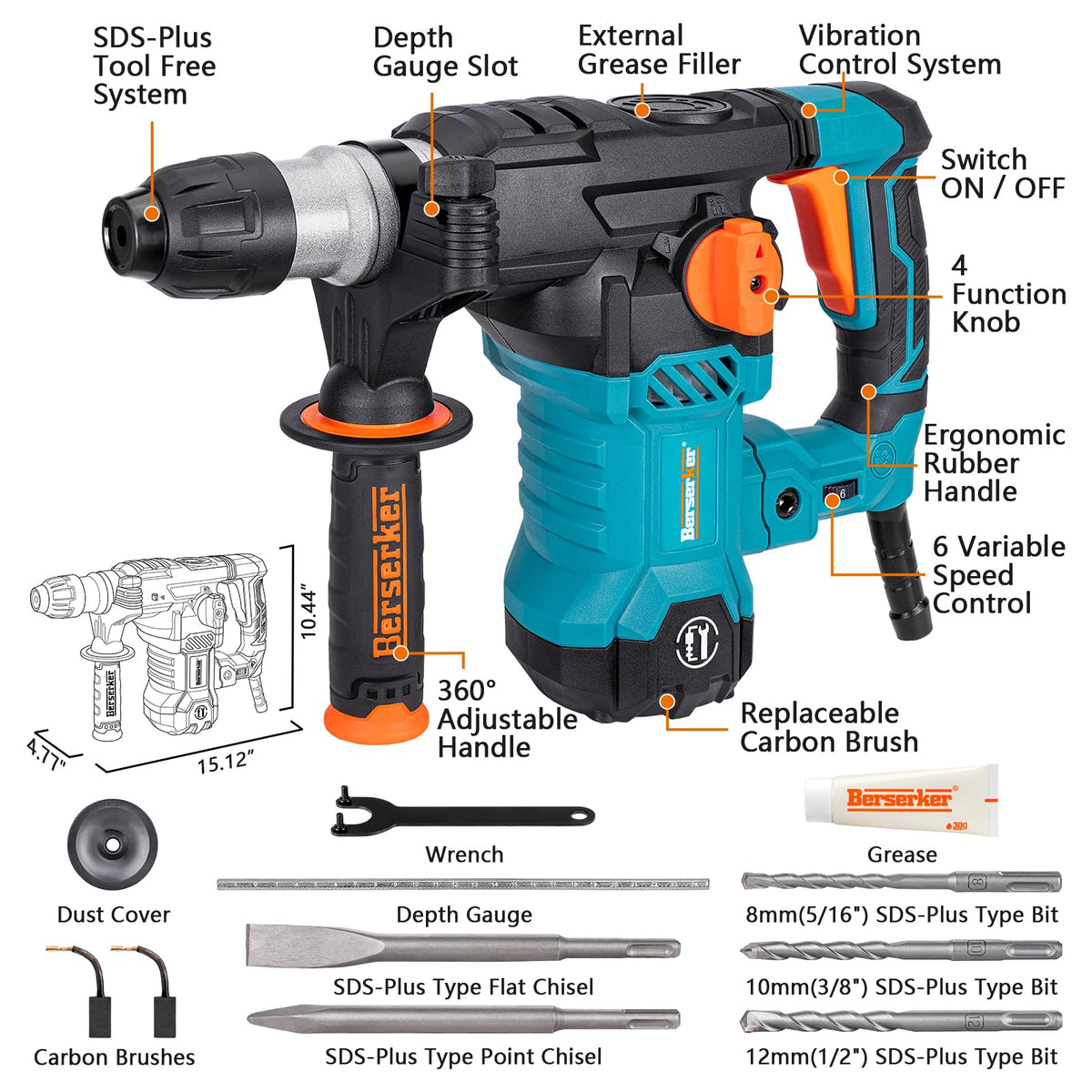 Berserker 1-1/4" SDS-Plus Rotary Hammer Drill with Vibration Control,Safety Clutch,12.5 Amp 4 Functions Corded Rotomartillo for Concrete-Including 3 Drill Bits,Flat Chisel,Point Chisel,Carrying Case