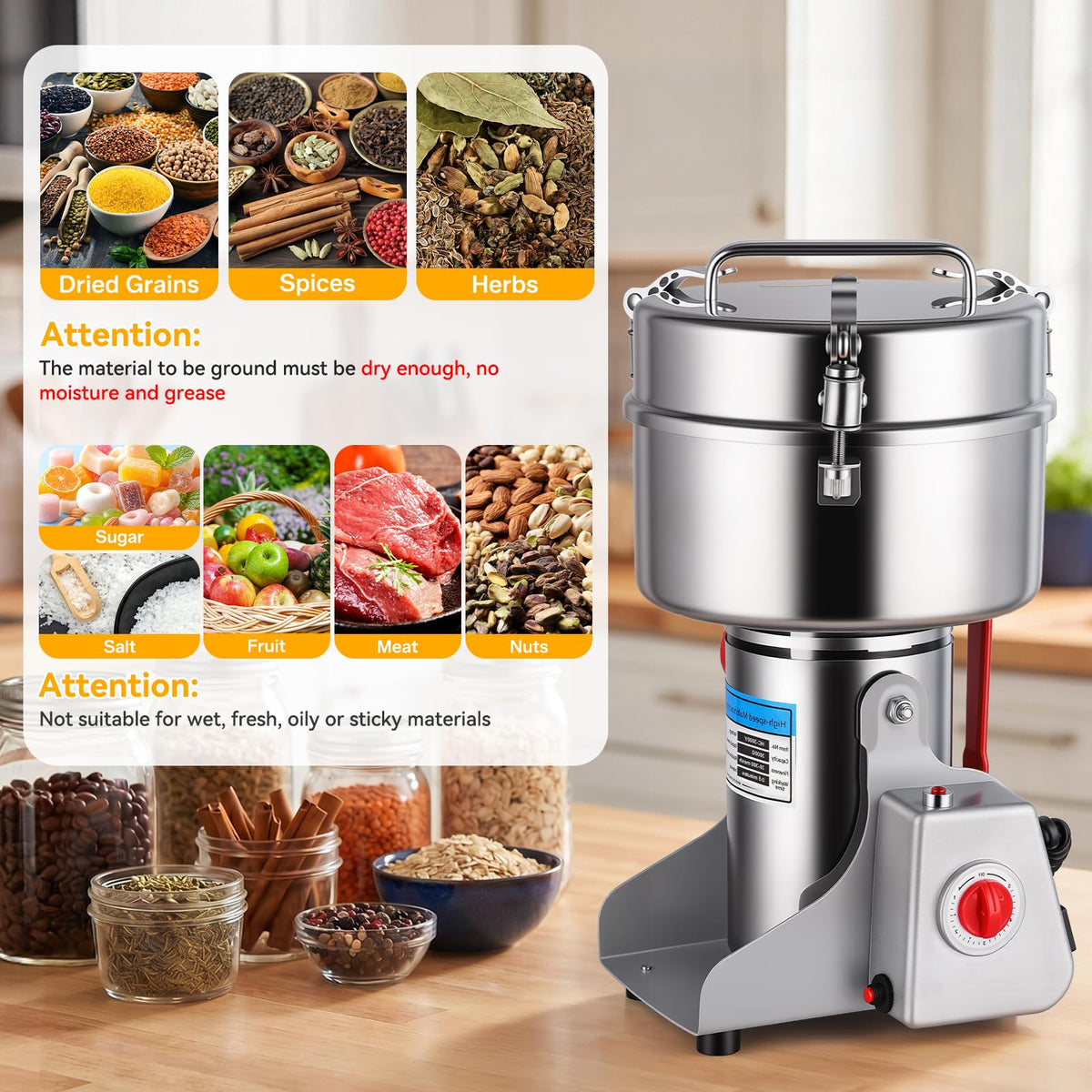 Jivoxia 3000G Grain Mill, 3600W Flour Mill Grinder for Home, 36000 RPM Electric Stainless Steel Grinder for Commercial & Kitchen Use, 270° Swivel for Soybean, Millet, Coffee and Other Dry Foods