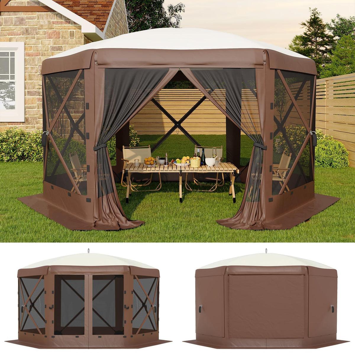 11.5x11.5FT Pop Up Canopy Tent, One-Push Setup Patio Gazebo with Removable Top & Wind Cloths, 6-Sided Outdoor Shelter for Camping, Backyard Parties, Events
