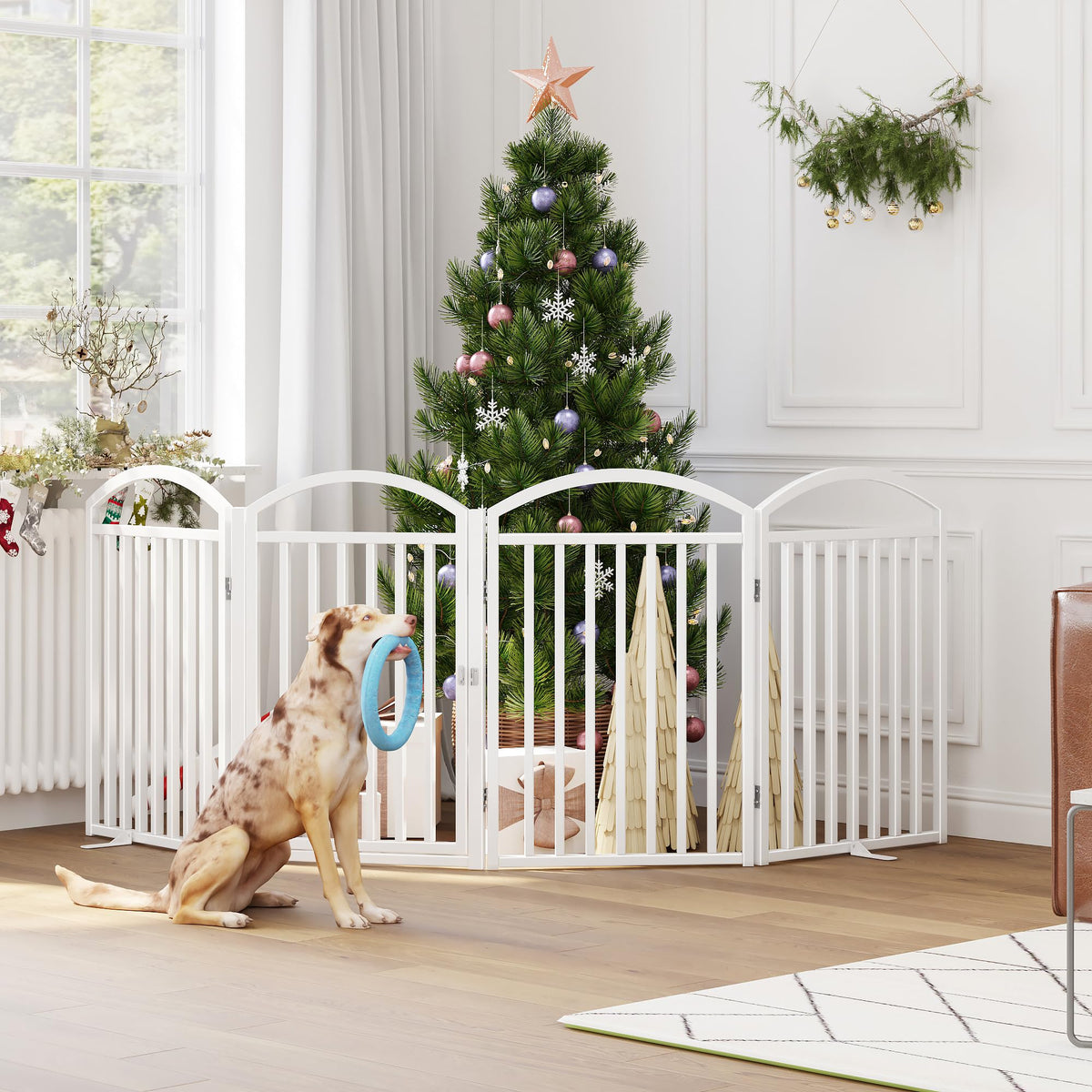 THKKY Folding No-Assembly Freestanding Dog Gate with Door,32" Heights Foldable Pet Fence,96" Extra Wide Accordion Puppy Folding Playpen for Doorways,House,Stairs (4 Panels,White)