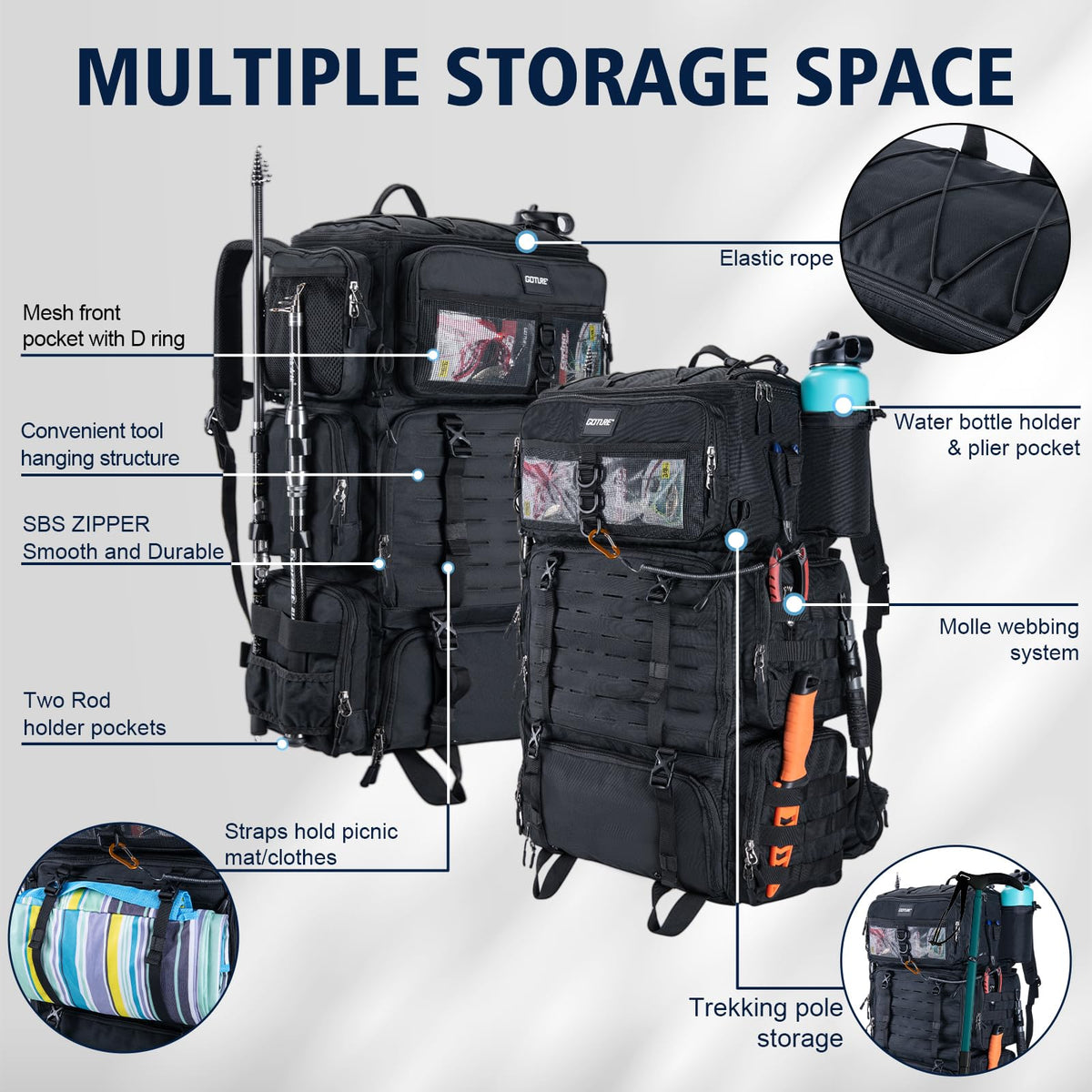 Goture Fishing Backpack with Cooler, 72L 600D Tackle Backpack Included 4 3700 Tackle Boxes, Dry & Wet Split Compartment, Large Fishing Tackle Bag with Rod Holders,Rain Cover for Travel Camping Hiking