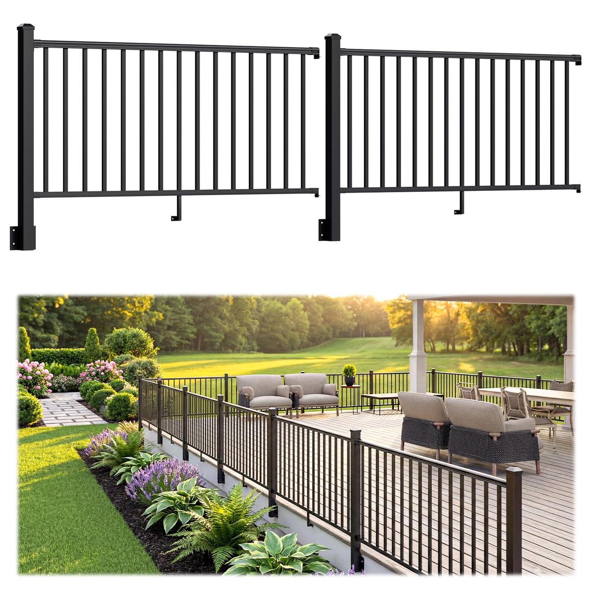 Egadis 2 Pack 36in H x 6ft W Side Mount Aluminum Deck Railing Kit, Black Textured Powder-Coat Finish Fascia Mount Modular Rail System for Outdoor Decks, Porches & Balconies (2 Post, 2 Panel)
