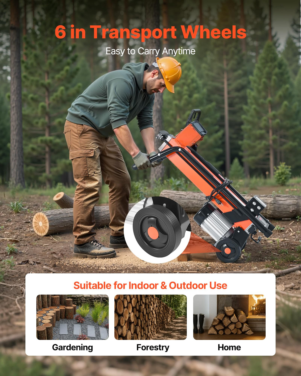 VEVOR Electric Log Splitter, 6.5 Tons Electric Wood Splitter, 1500W 15 Amp Motor, Portable Firewood Splitting Machine with 6" Wheels, Wood Splitters for Forestry Harvesting, Efficient & Secure