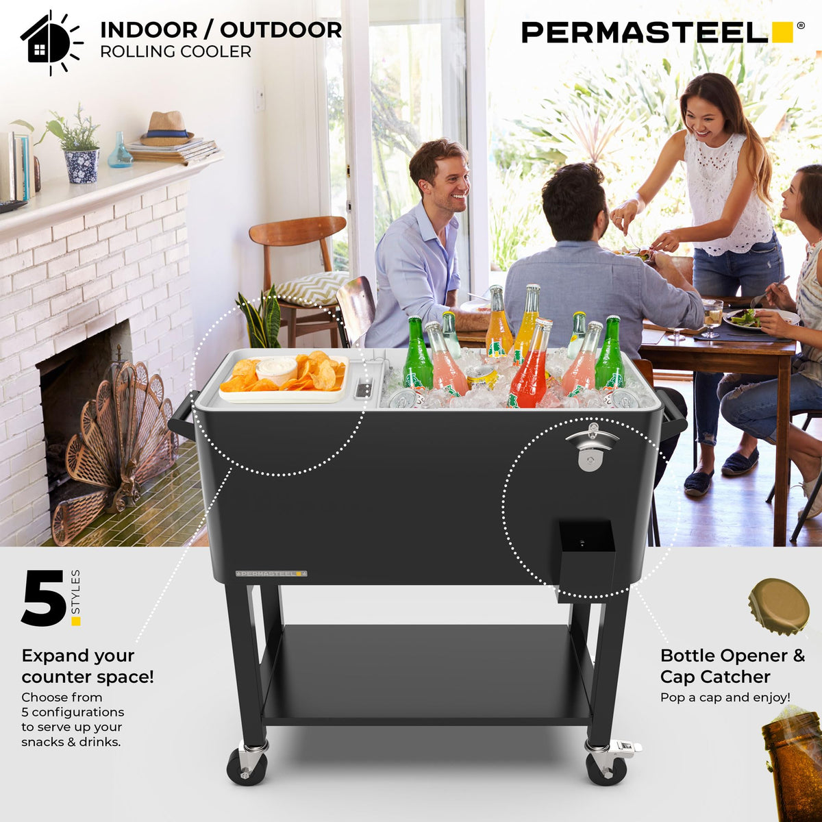 Permasteel Party Cooler with Divider, Removable Basin, Spacious 80-Qt Capacity, Chills 36hrs, Serving Tray, Rolling Ice Chest for Indoor & Outdoor, Matte Black