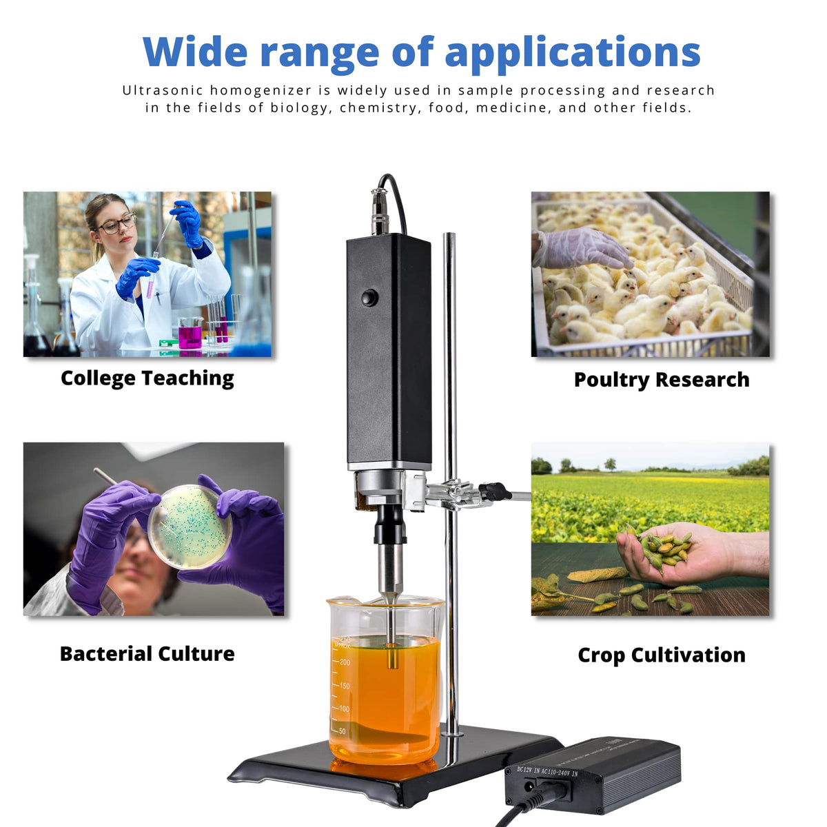 100W Handheld Ultrasonic Homogenizer Portable Emulsifier Sonicator Processor Mixer with Stand 6mm Probe