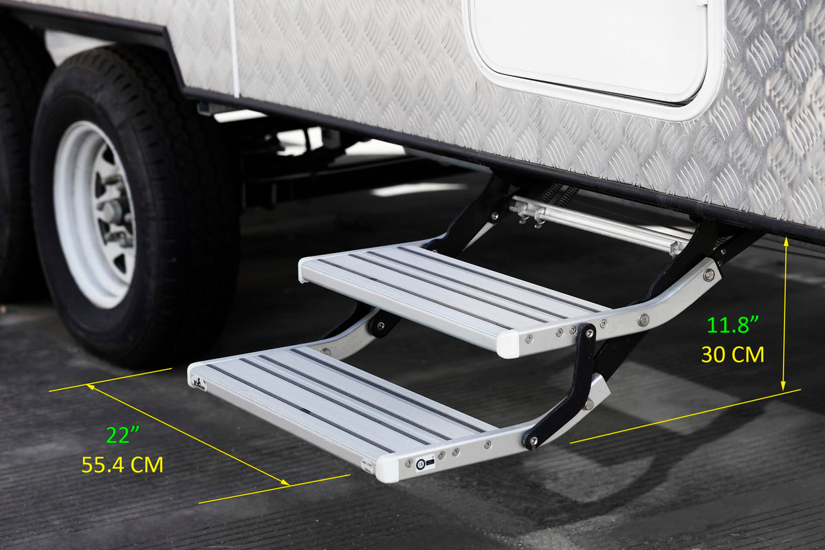 GEARFLAG Manual RV Double Step – Folding Aluminum Entry Step with Anti-Slip Surface, 440 lbs Capacity – for Camper, Trailer, Motorhome, Utility Trailer