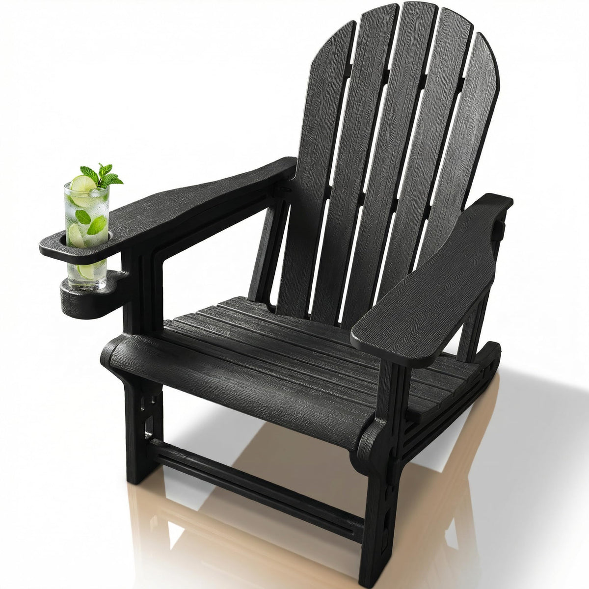 Adirondack Chair with Cup Holder,Tool-Free Assembly,No Screws Needed,All-Weather HDPE Plastic Outdoor Patio Chair,Wood-Grain Slatted Look,Easy to Take Apart for Storage,Fire Pit Chairs(Classic Black)