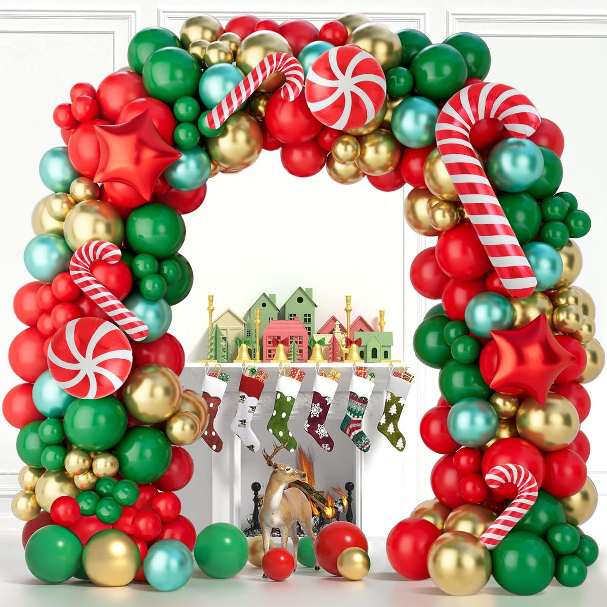 Christmas Balloon Arch Kit, 150Pcs Red Green Gold Balloon Garland with Candy Cane Balloons Red Star Balloons for Christmas Party Decorations, Xmas Decorations for Indoors