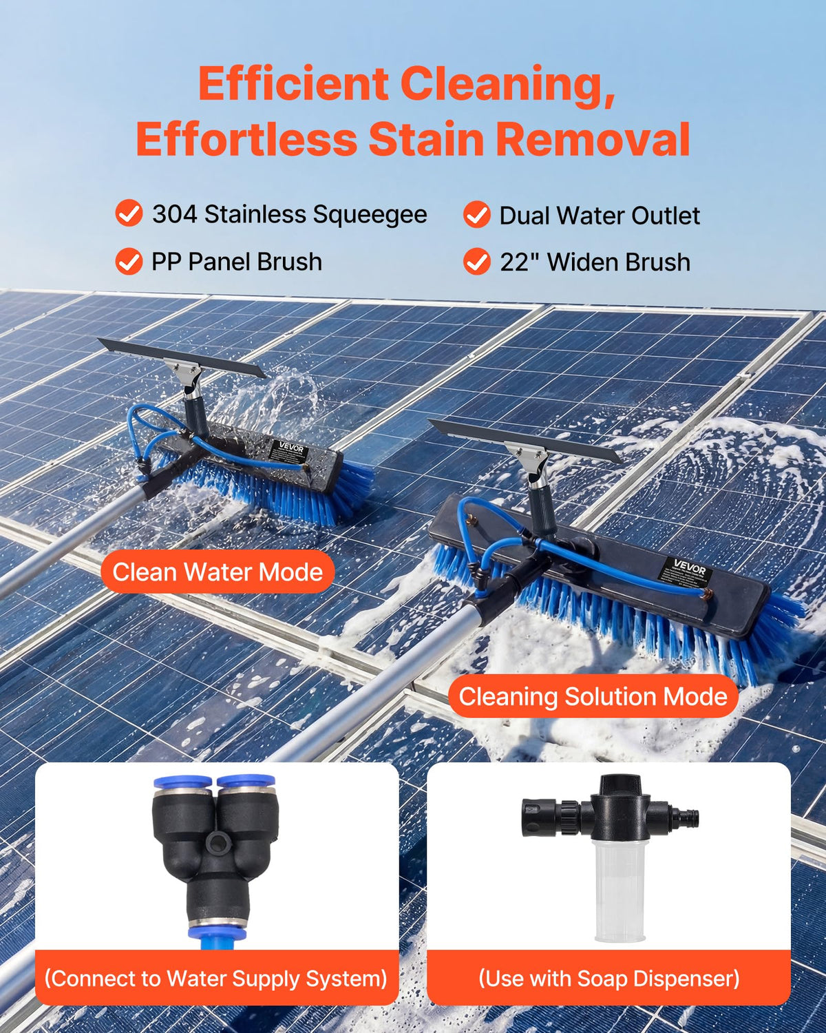VEVOR Solar Panel Cleaning Kit, 33 ft, Water Fed Pole Kit with Cleaning Brush, Squeegee, Soap Dispenser, Extendable Aluminum Telescopic Pole, 180° Rotatable Brush Head, for Roof Mounted Solar Panels