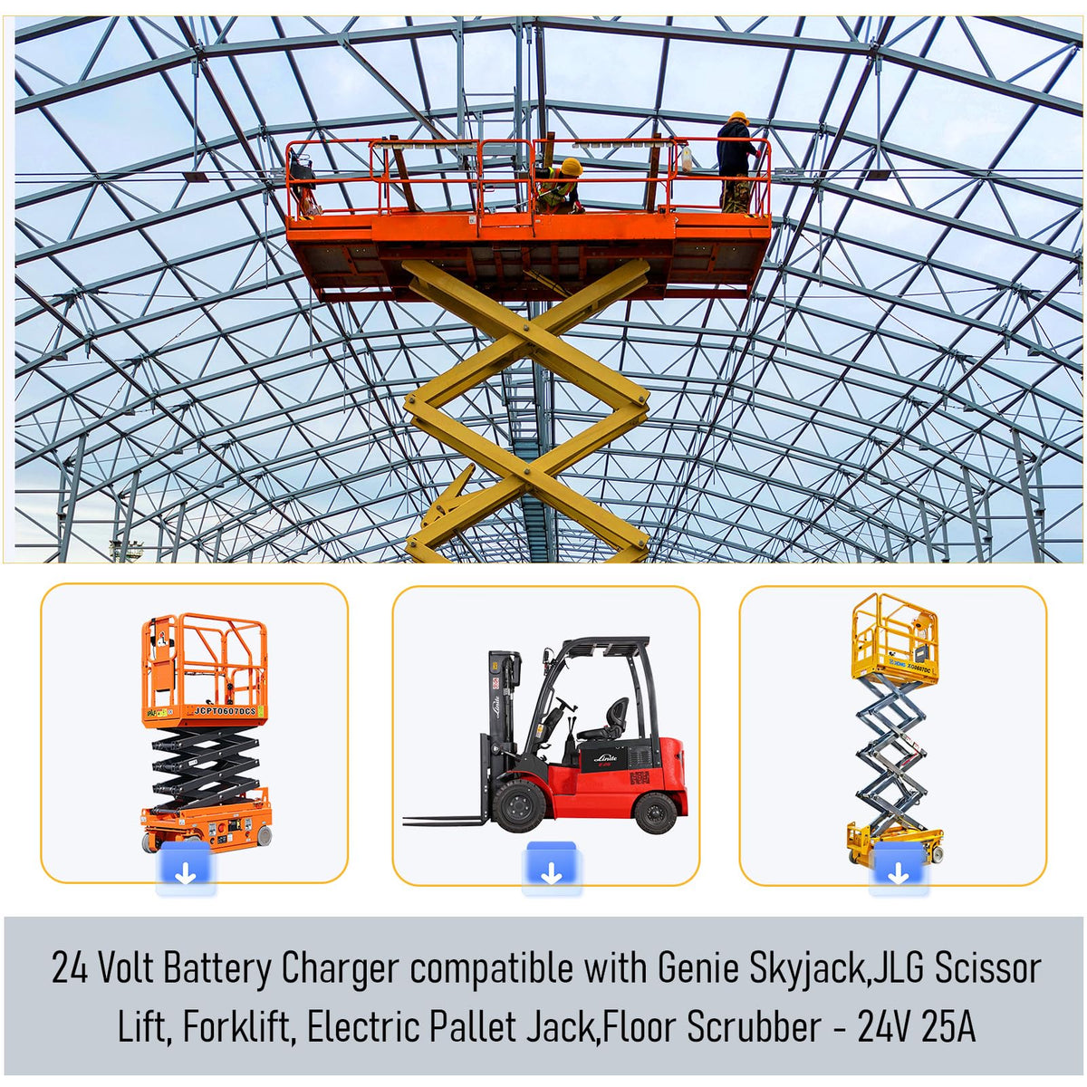 24V 25A Scissor Lift Battery Charger, 24 Volt Golf Cart Battery Charger, 24 Volt Battery Charger for Genie Skyjack, JLG Scissor Lift, Forklift, Electric Pallet Jack, Floor Scrubber