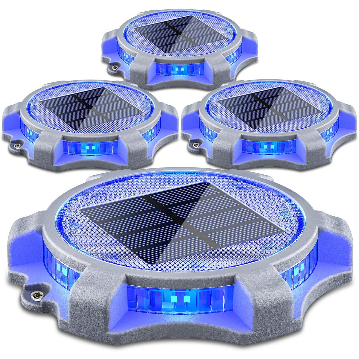 SIEDiNLAR Solar Deck Lights Outdoor 2 Modes LED Driveway Markers Dock Light Solar Powered Waterproof for Step Walkway Ground Stair Pathway Yard Road Garden 4 Pack (Blue/Red)