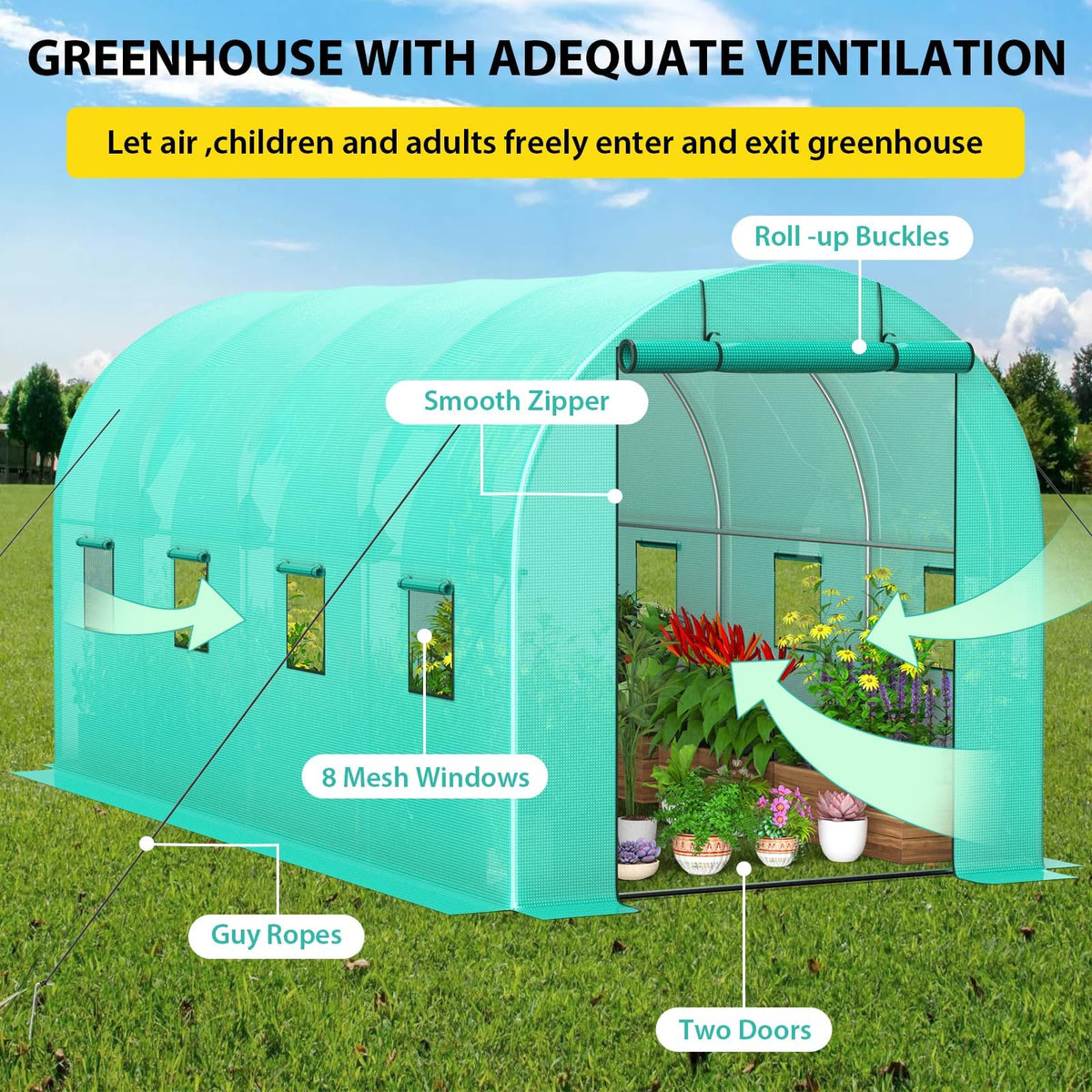 7*15*7FT Walk-in Greenhouse, Portable Walking in Tunnel Tent, Walking in Tunnel Tent with Galvanized Pipe, 2 Roller Zippered Door & 8 Screen Windows, Greenhouses for Outdoors (Bottom widening Design)