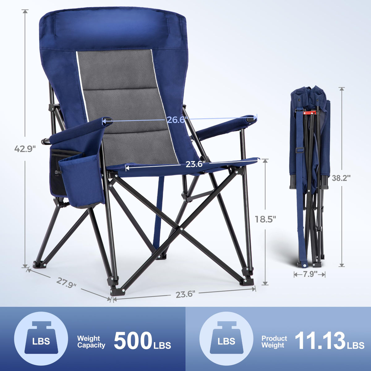 LET'S CAMP Oversized Camping Chairs 29.52" High Back Heavy Duty Lawn Chair Support 500LBS, Portable Collapsible Chair with Cup Holder, Side Pocket,2 Pack(Blue)