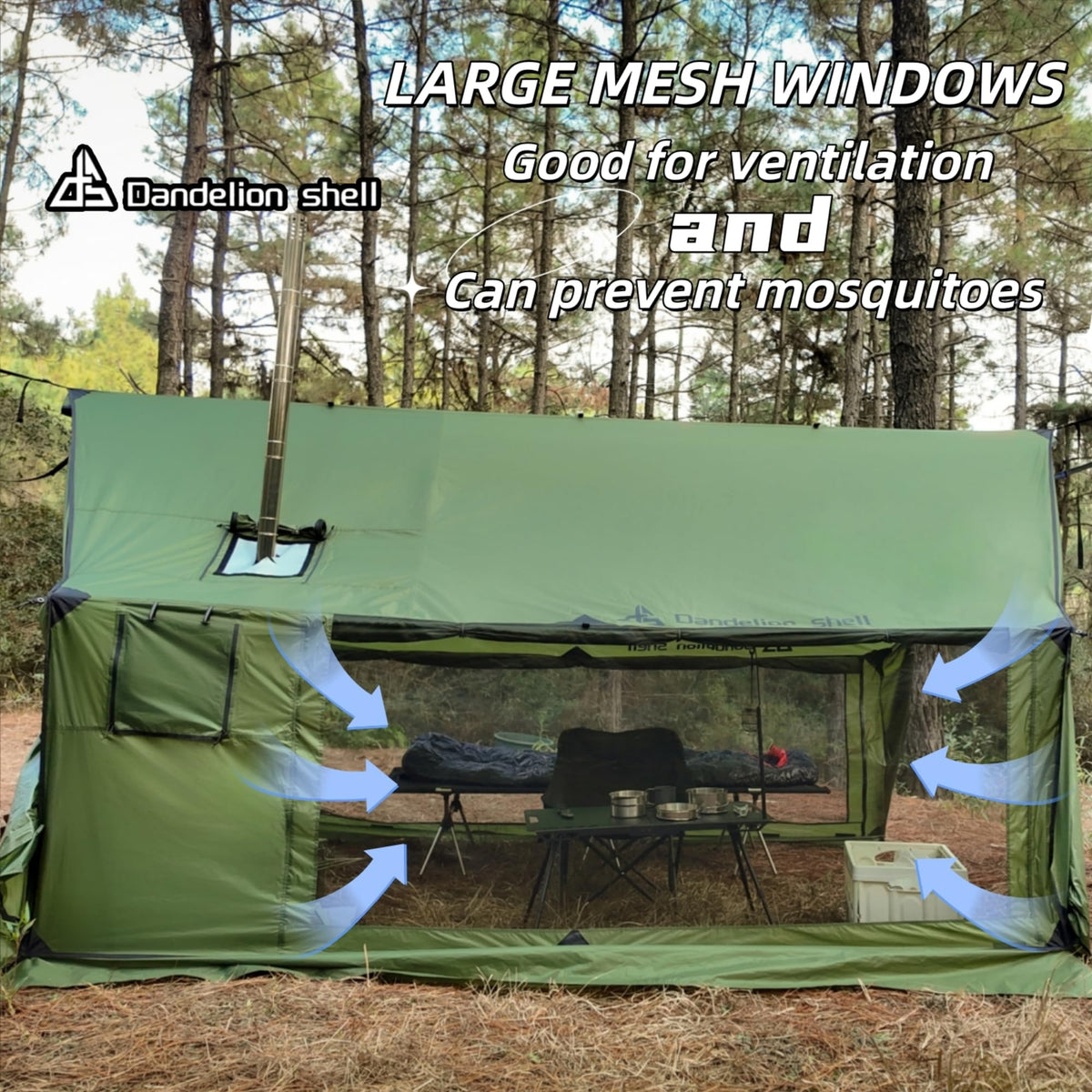 Dandelion Shell Hammock Hot Tent with Stove Jack and Double-Sided mesh Windows - Spacious, Versatile Wall Tent with Snow Skirt(No Poles)-Green Waterproof & Windproof, Ideal for Camping, Backpacking