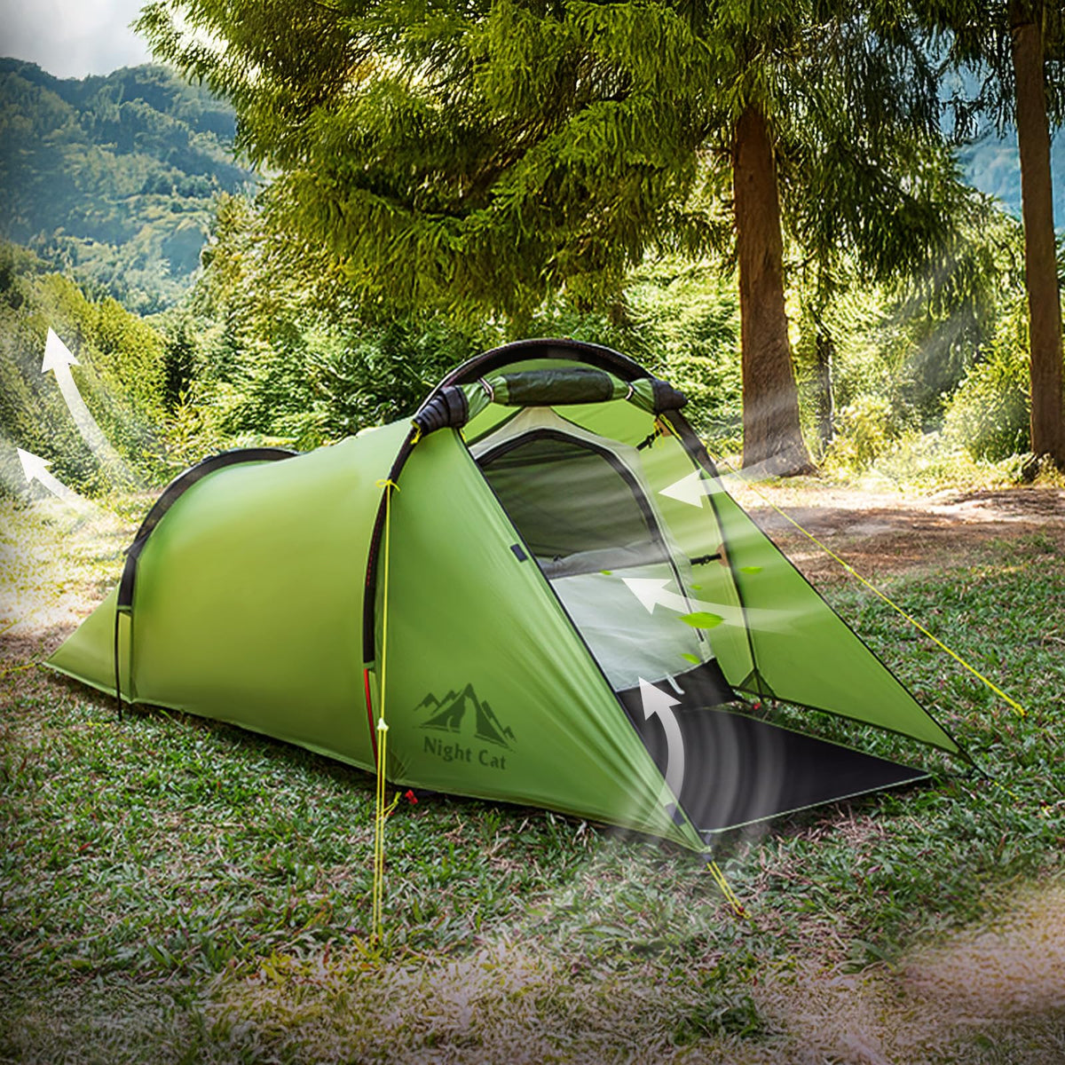 Night Cat Ultralight Tunnel Tent: Waterproof Lightweight Two People Backpacking Tent for Outdoor Camping Hiking Trekking with Double Layers Aluminum Poles and Footprint 2 Persons Green