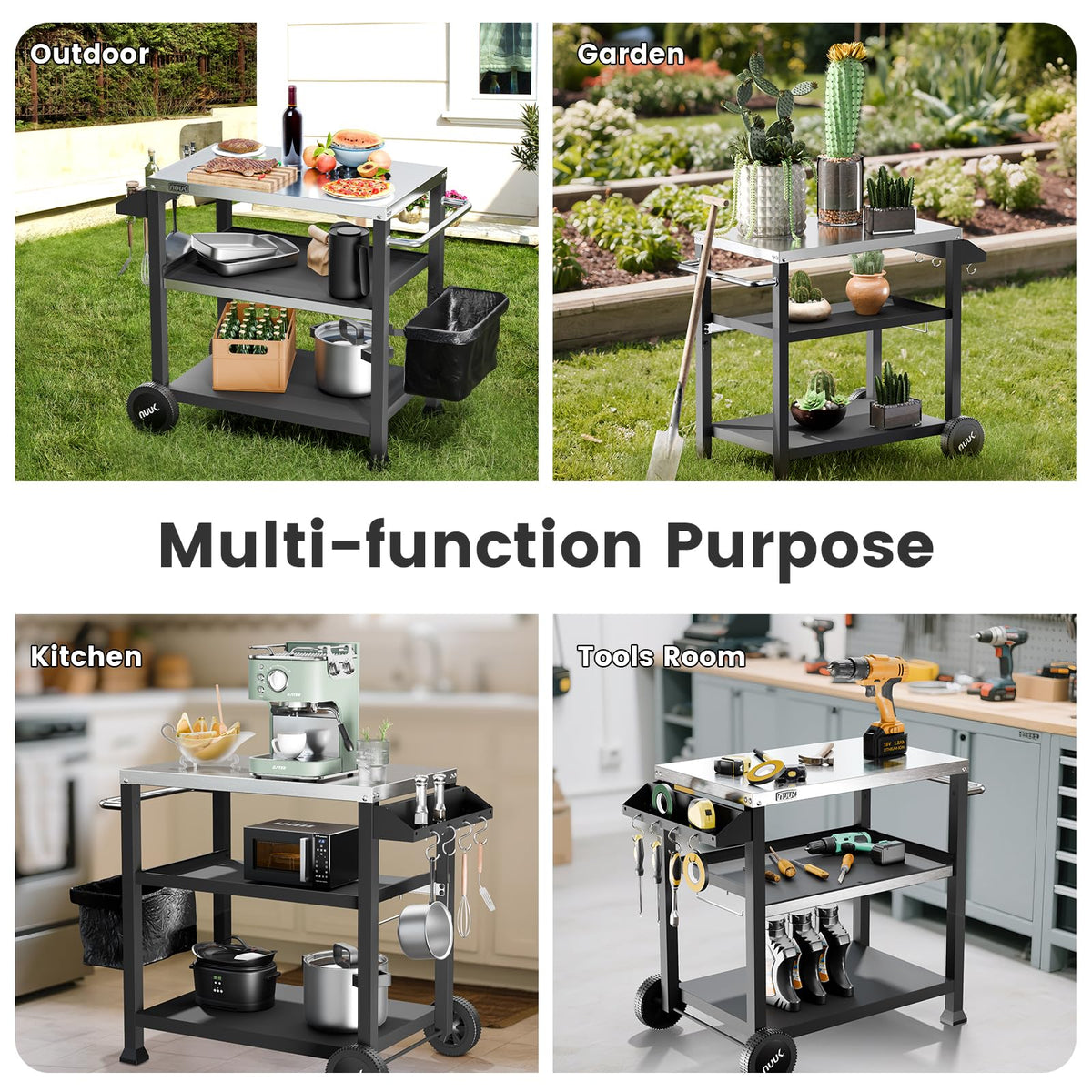 NUUK 3-Shelf Grill Cart for Outdoor with Stainless Steel Top – 20" x 32" Movable Pizza Oven Stand with Wheels Kitchen Prep Table BBQ Cart Worktable