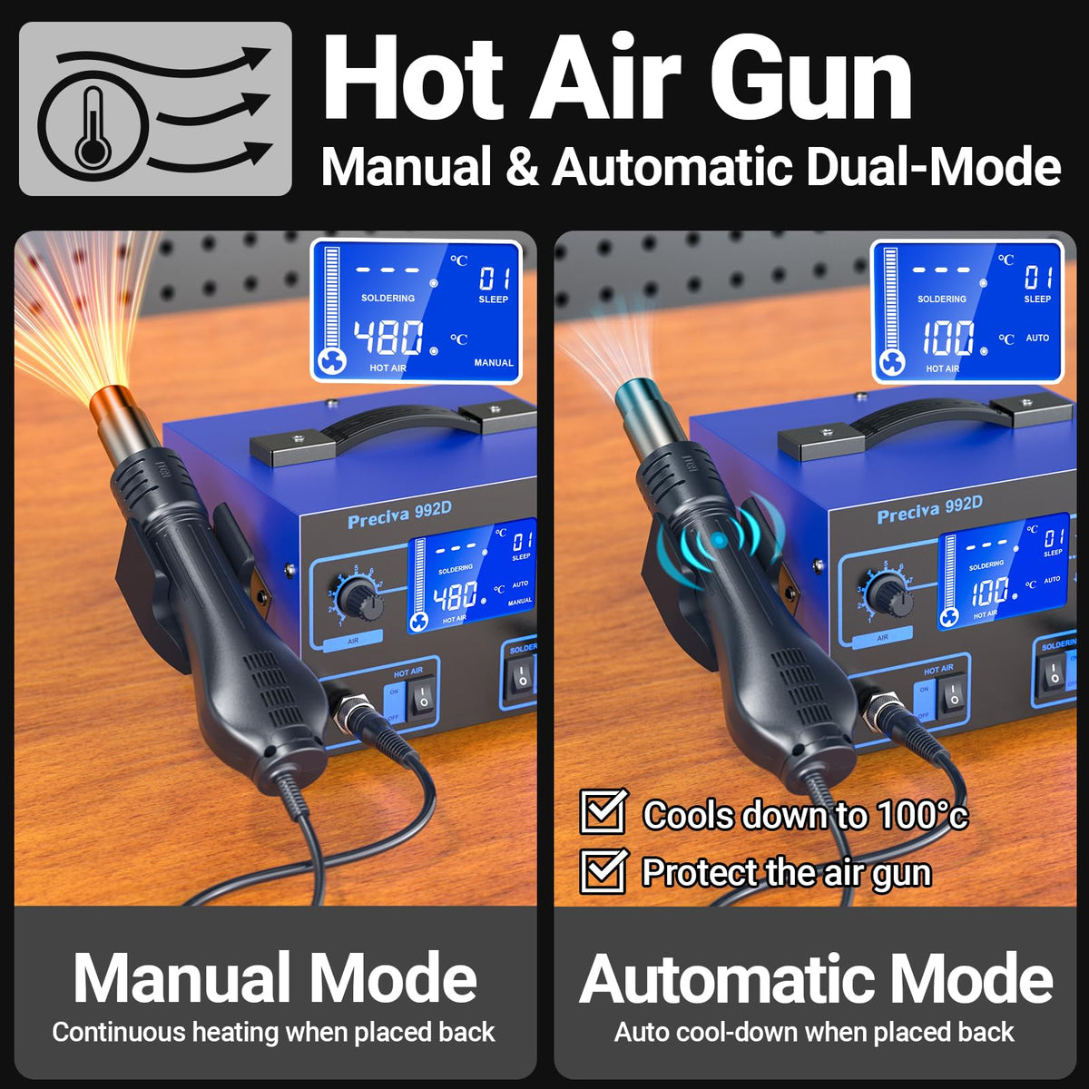 Preciva 992D 2-in-1 Soldering & Hot Air Rework Station with LCD Display – PID Temperature Control, Auto/Manual Hot Air Mode, Sleep Function for Iron, SMD Rework, Electronics Repair (750W)