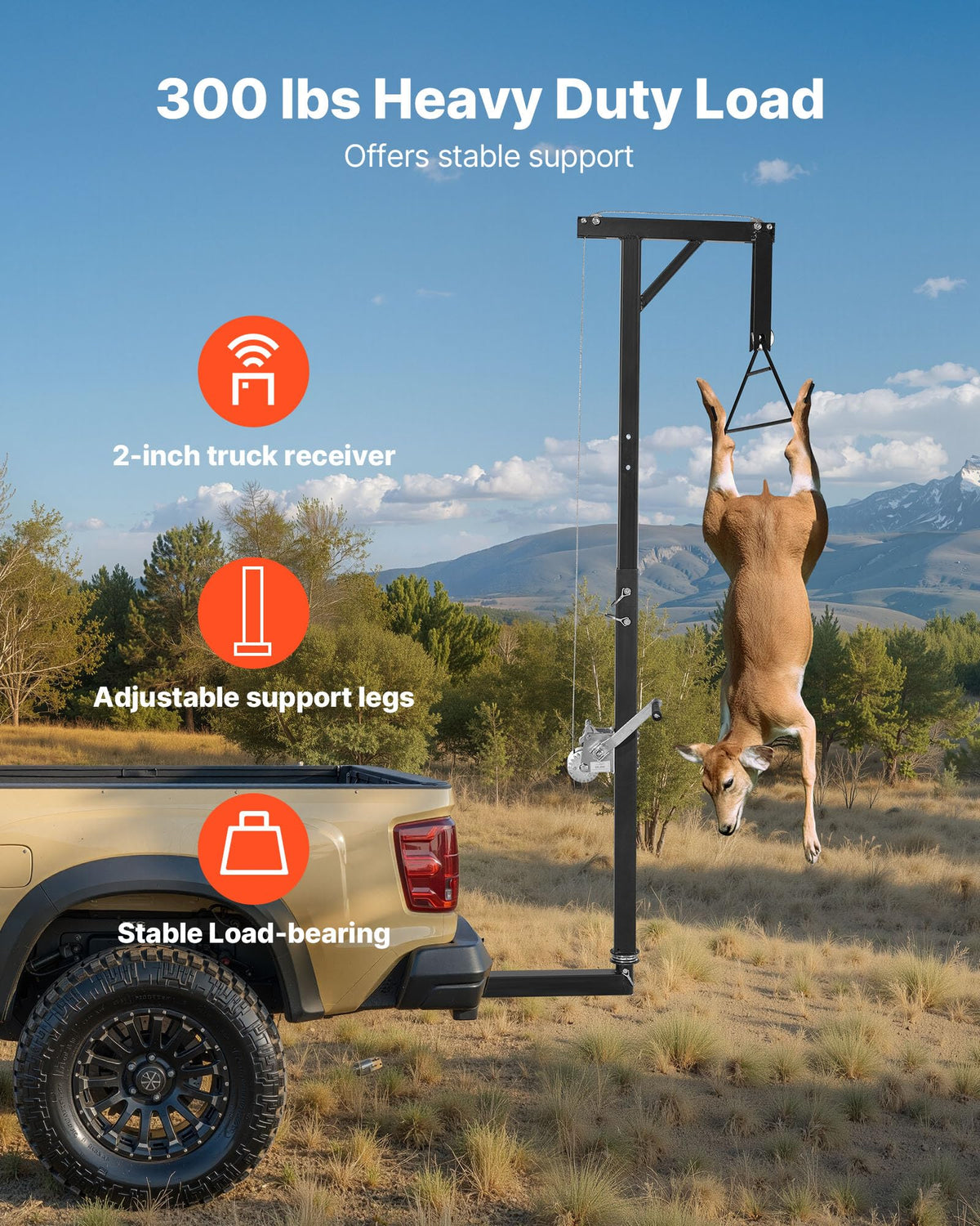 VEVOR Truck Hitch Game Hoist, 300 lbs Load Capacity, Hunting Deer Hoist with 2-inch Receiver, 360-Degree Swivel Shaft & Adjustable Height, Includes Gambrel Winch for Skinning & Cleaning Game